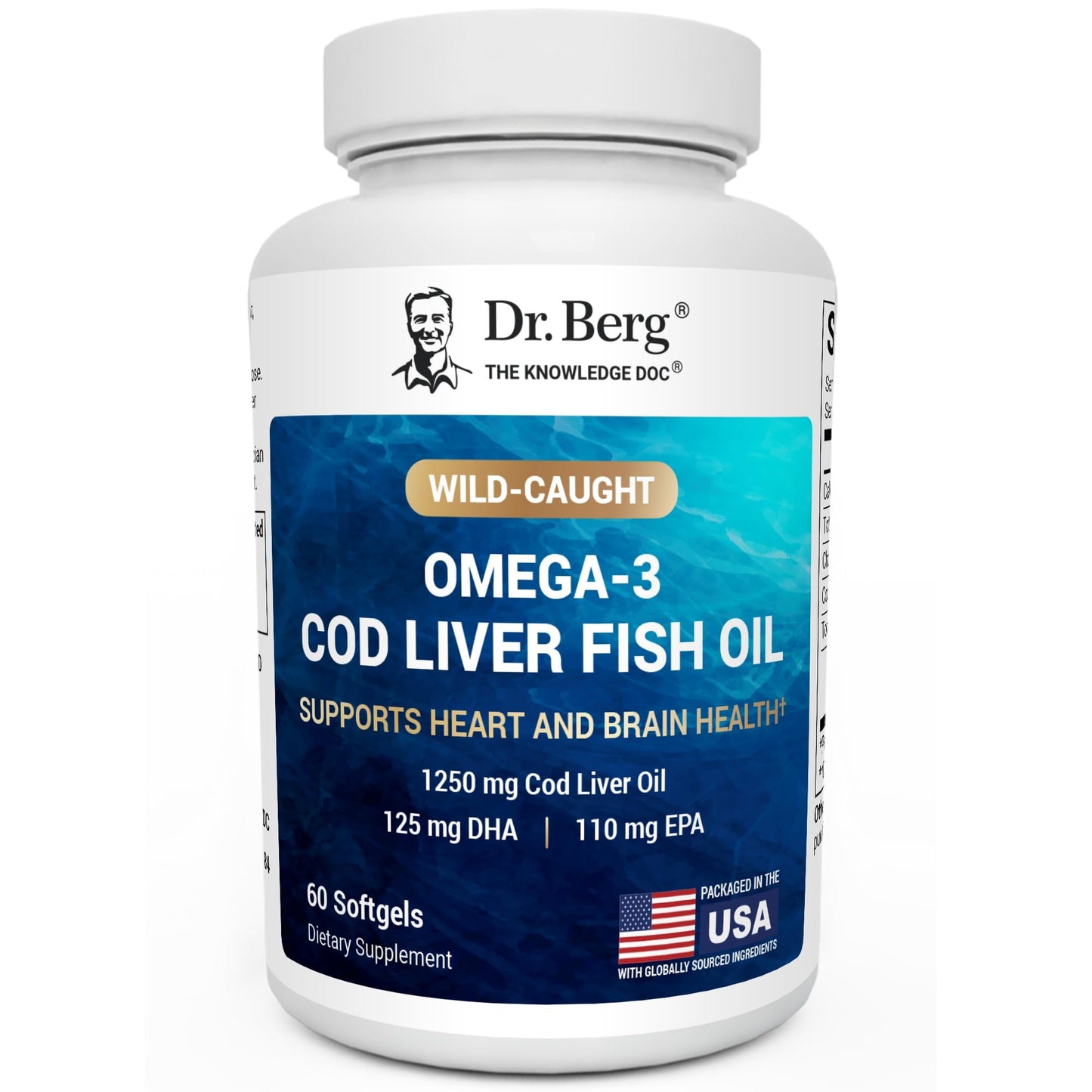 Dr. Berg Maximum Strength Omega-3 Cod Liver Fish Oil (1250 mg) from Wild-Caught Cod - Lemon-Flavored Omega-3 Fish Oil for Women & Men - EPA DHA Supplement – 60 Softgels - Medaid International