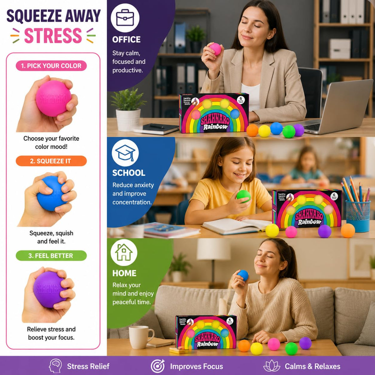 Rainbow Stress Balls 6 Pack for Kids & Adults, Mini Soft Squeeze Stress Balls, Sensory Fidget Toys, Colorful Stress Balls, Classroom Rewards, Party Favors, Birthday Gifts, Desk Toy
