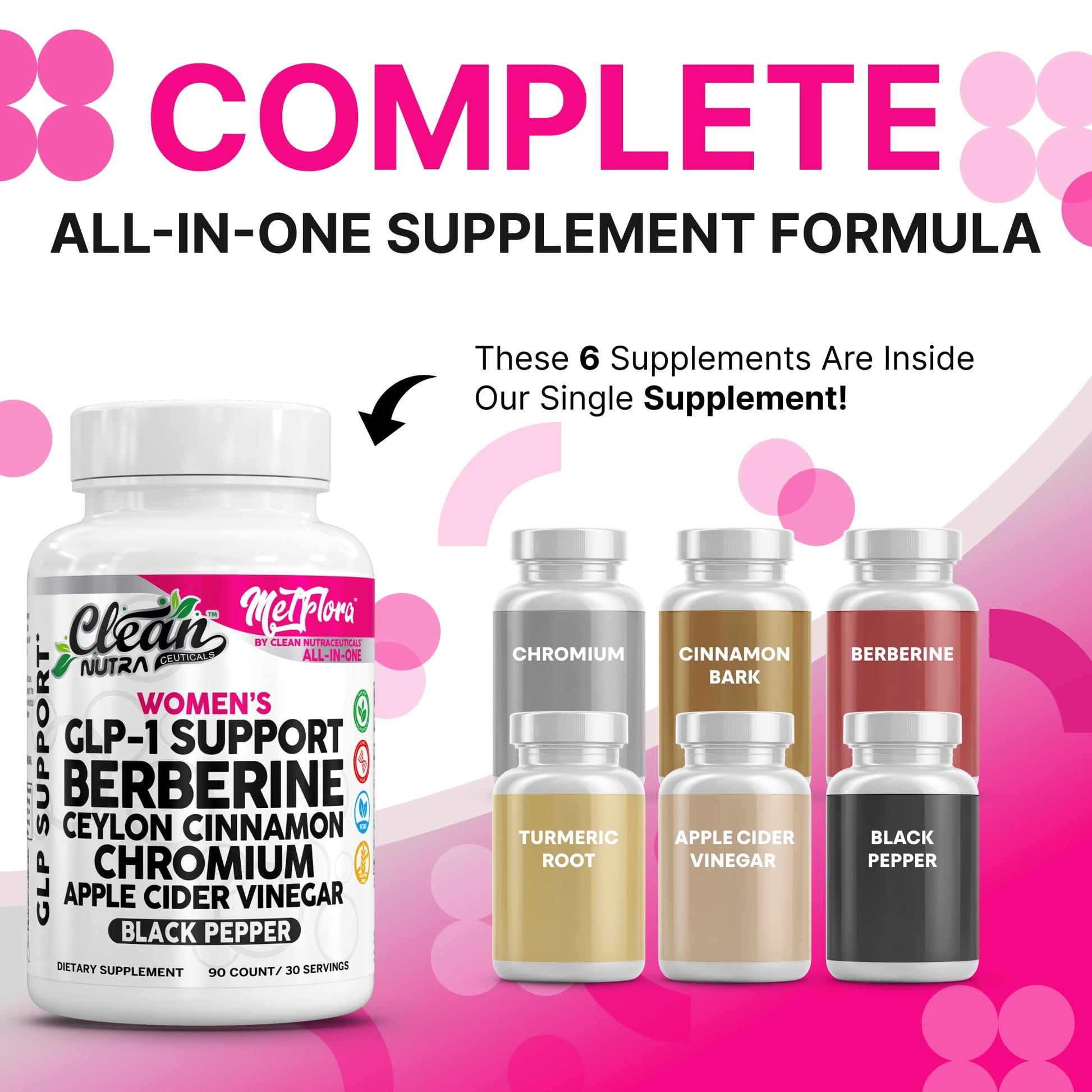 Clean Nutra Women's GLP-1 Support Complex, Berberine with Ceylon Cinnamon, Chromium, Apple Cider Vinegar, 90 Capsules - Medaid International