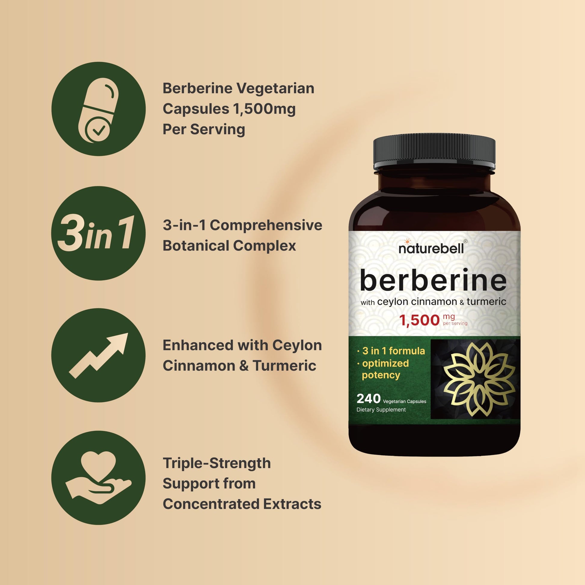 Berberine Supplement 1,500mg with Ceylon Cinnamon & Turmeric Root, 240 Veggie Capsules | 97% Pure Berberine HCL | Supports Balanced Sugar Levels & Heart Health | Vegan, Non-GMO - Medaid International