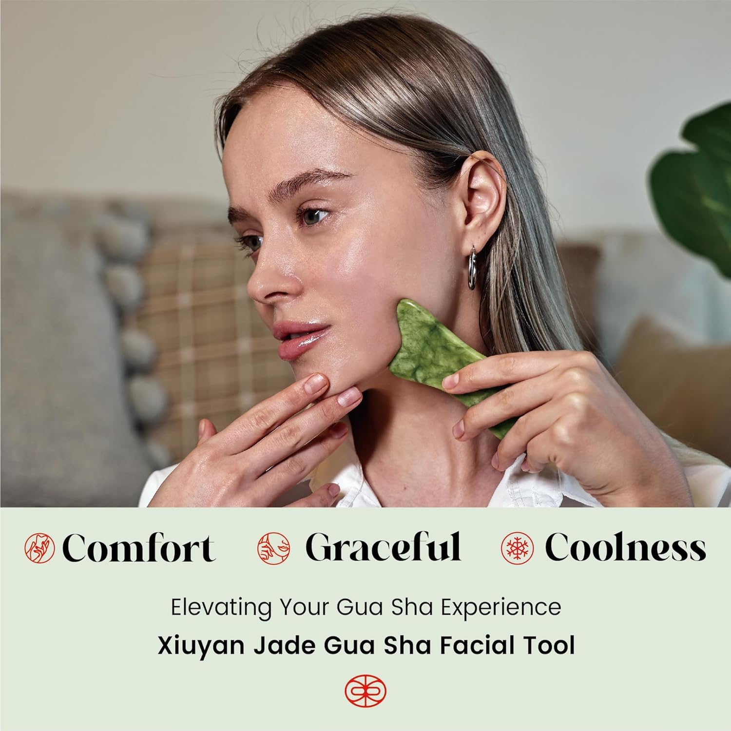 Rena Chris Natural Jade Gua Sha Facial Tools - Acupressure & Gua Sha for Face Massage, Jawline Sculpting, Puffiness Reduction, Skin Care Tool (Green) - Medaid International
