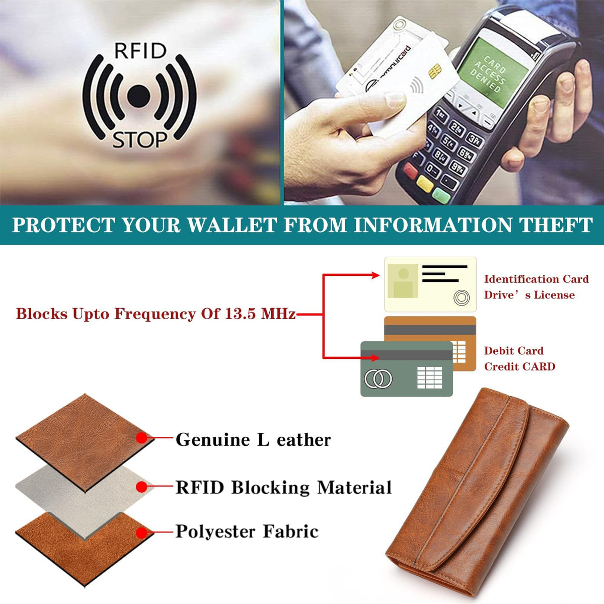 TERRIFI Leather Women's RFID Blocking Wallet - Long Clutch Bag with Multiple Card Slots, Large Capacity for Phone, Zipper Coin Pocket - Brown