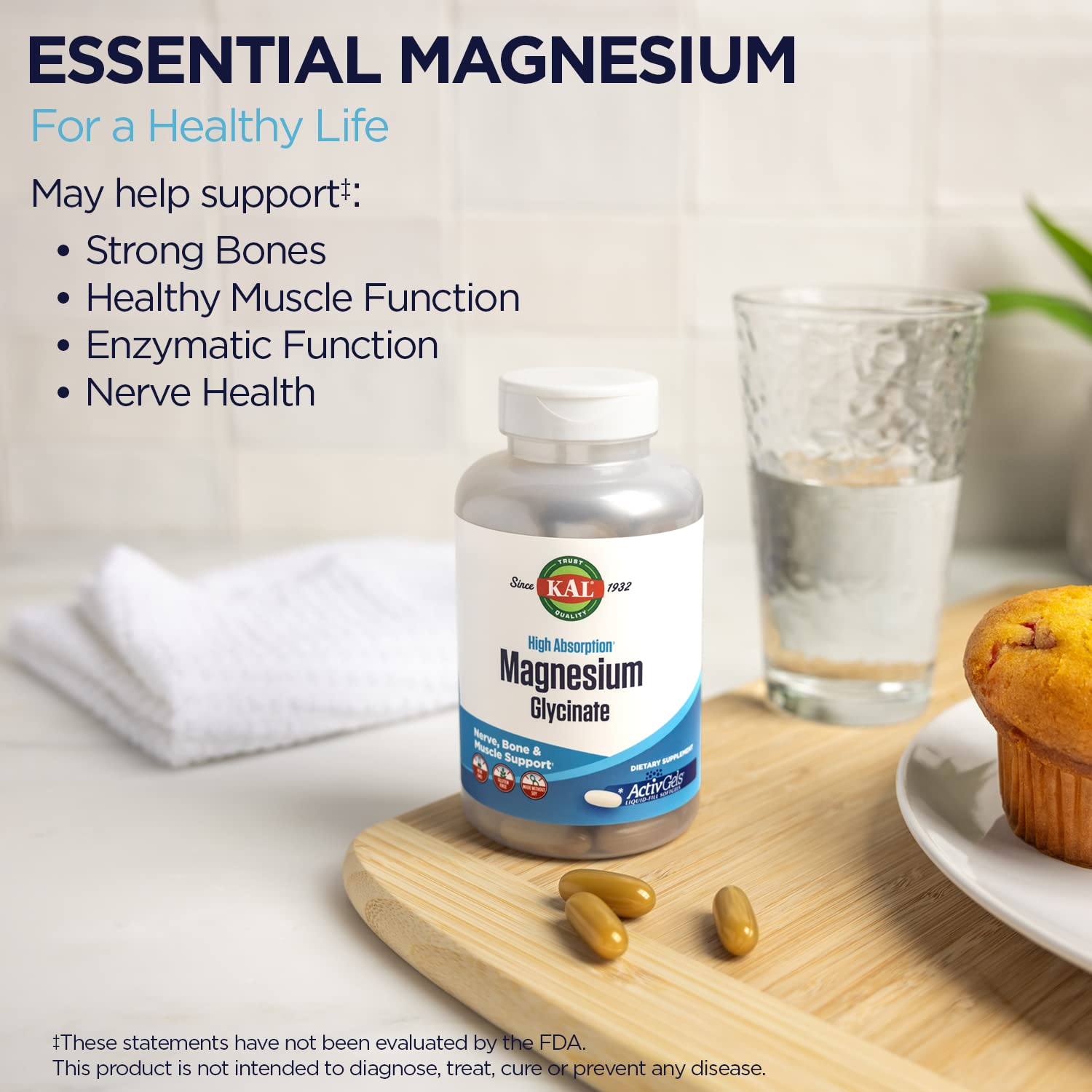 KAL Magnesium Glycinate ActivGels 315mg, Fully Chelated, High Absorption Magnesium Supplement for Relaxation, Muscle & Bone Support, Non-GMO, Gluten Free, 60 Servings, 180 Softgels - Medaid International