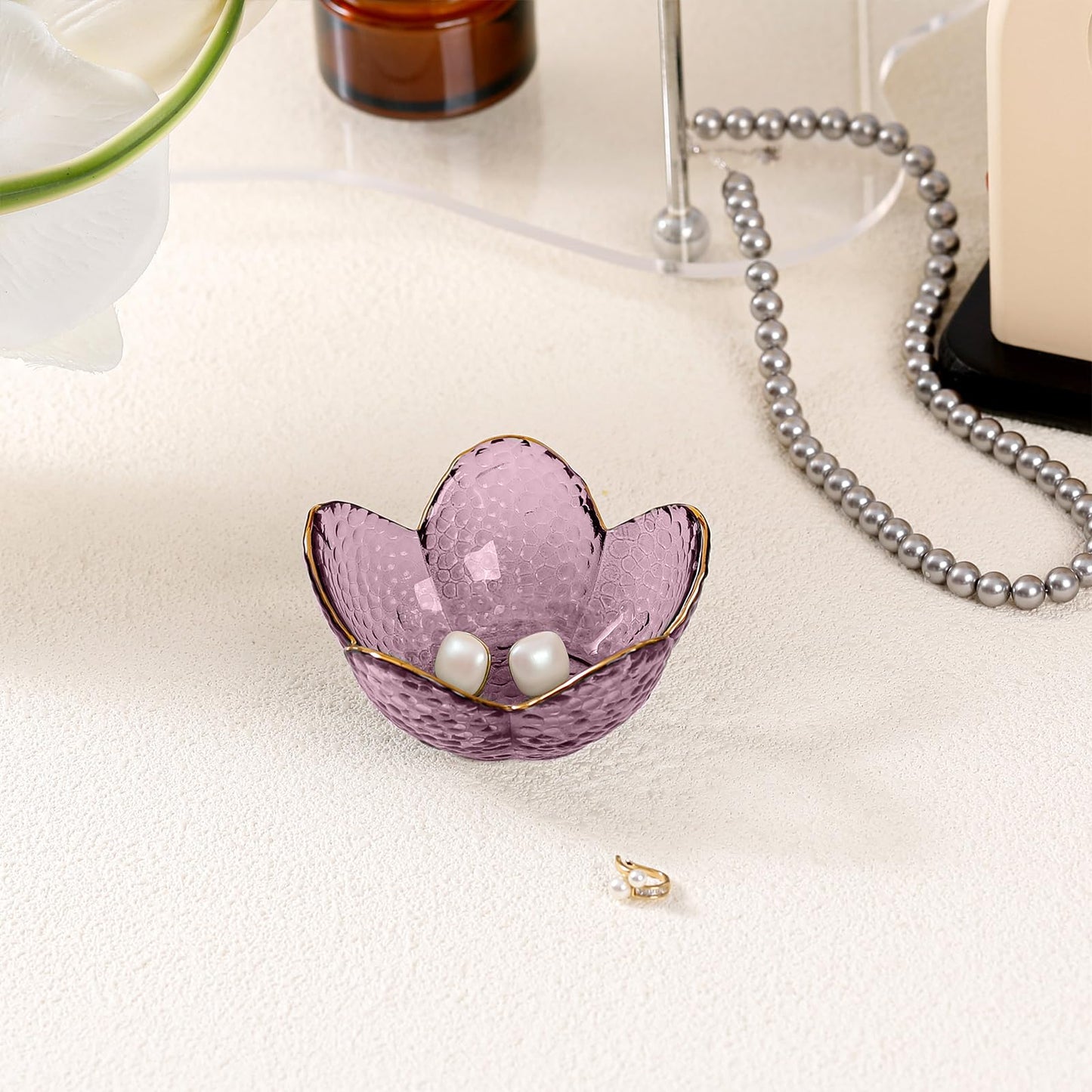 Purple Flower Jewelry Dish Glass Ring Holder Dish Jewelry Tray Cute Vanity Organizer Aesthetic Nightstand Bathroom Room Decor Trinket Dish Valentine's Friendship Christmas Birthday Gifts for Women - Medaid International
