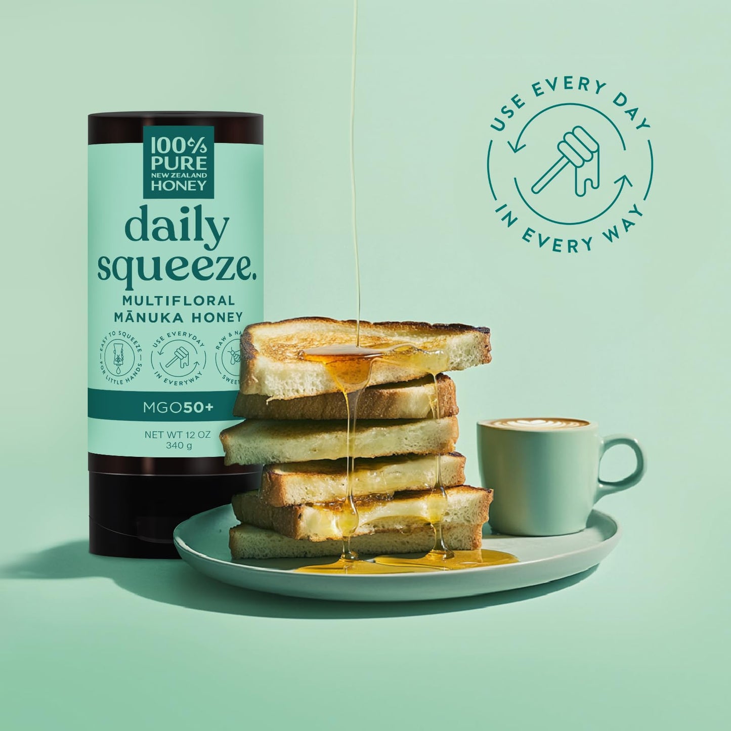 Manuka Honey New Zealand - MGO 50+ Multifloral 100% Pure New Zealand Mānuka Squeezy Honey, Raw Mānuka Honey, 12 Ounce - Medaid International