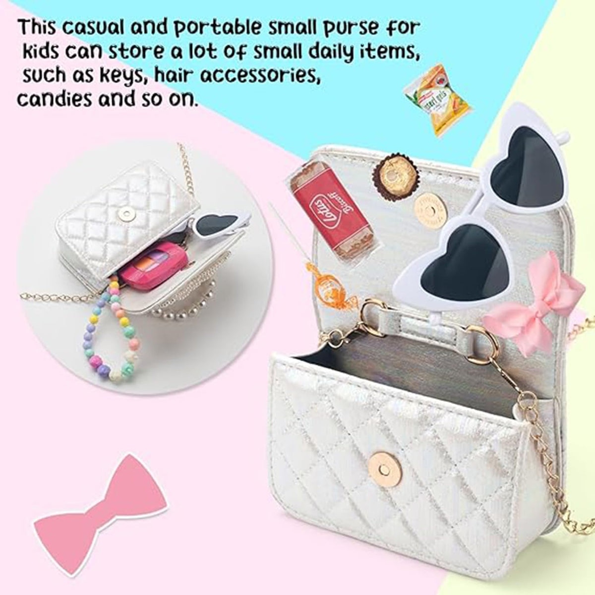 KASTWAVE Toddler Bow Purse for Girls, Crossbody Bag with Heart Sunglasses - Girls Purses Age 2-9
