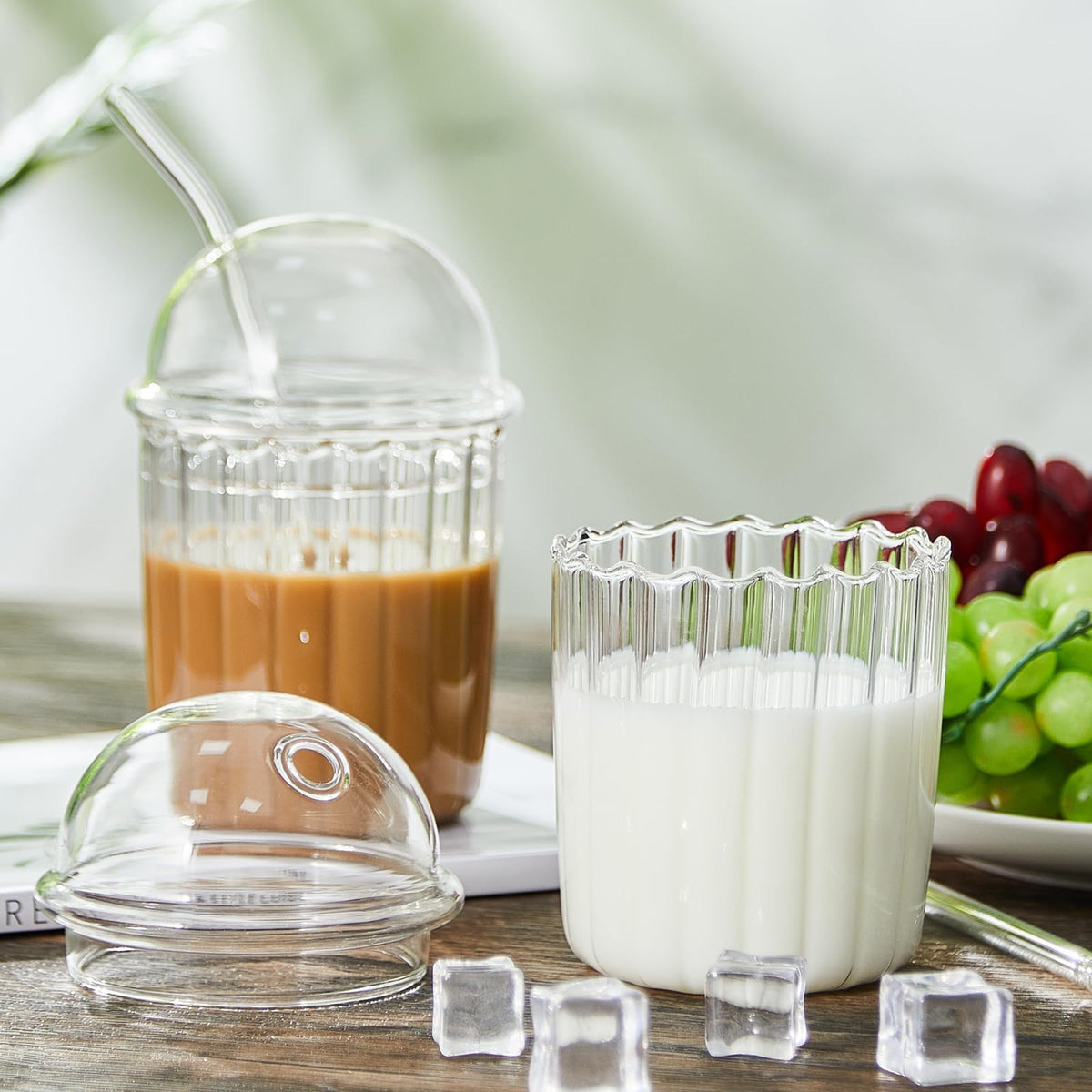 TERRIFI Glass Tumbler Set with Dome Lid and Straw, 15 oz Reusable Smoothie Coffee Drinking Glass Cup, Ideal for Home and Office Use, 2 Pcs