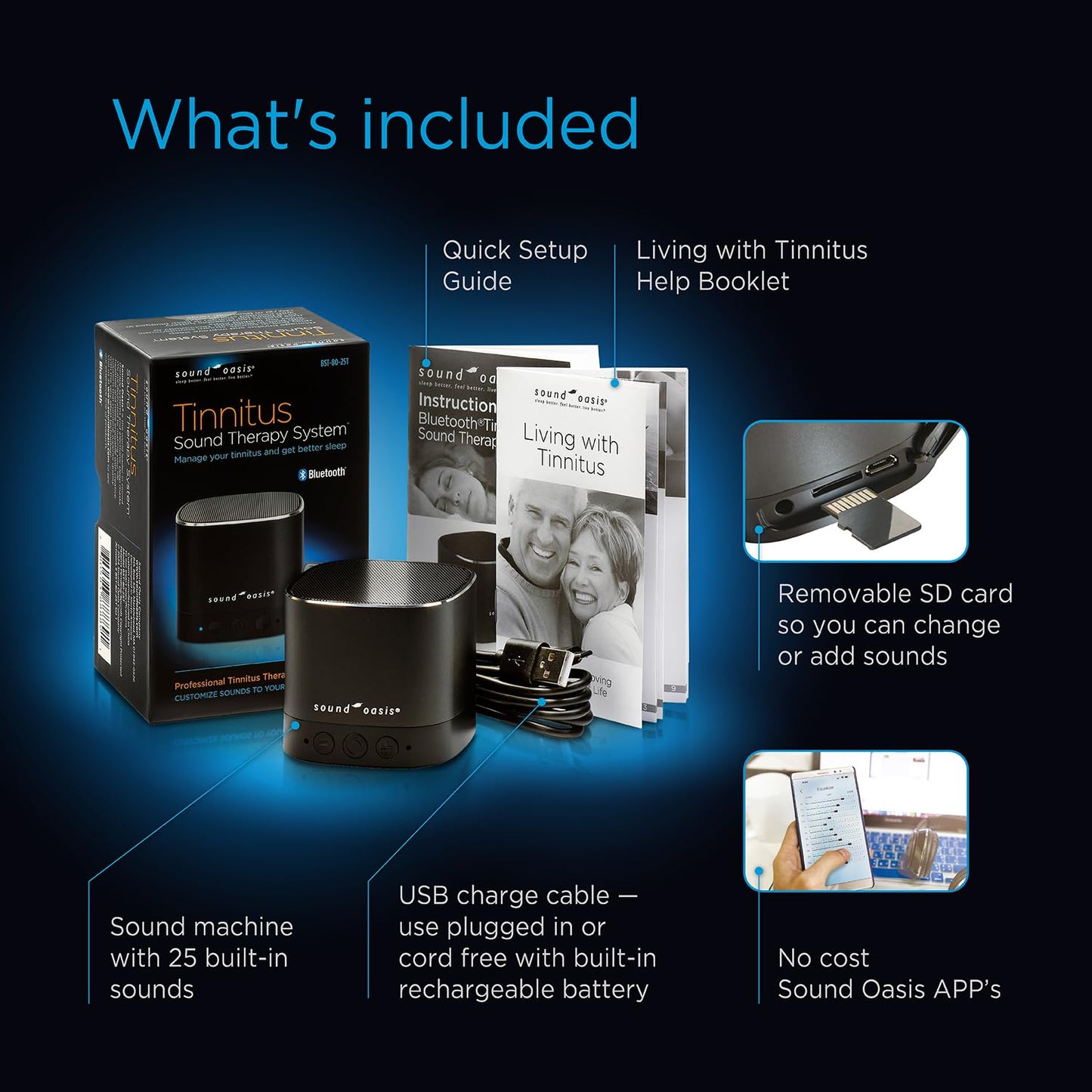 Sound Oasis® Bluetooth® Tinnitus Sound Therapy System® - Sleep Better, Manage and Mask Tinnitus, 25 Built-in Sounds for Tinnitus Relief, 12-Hour Sound Duration - Medaid International