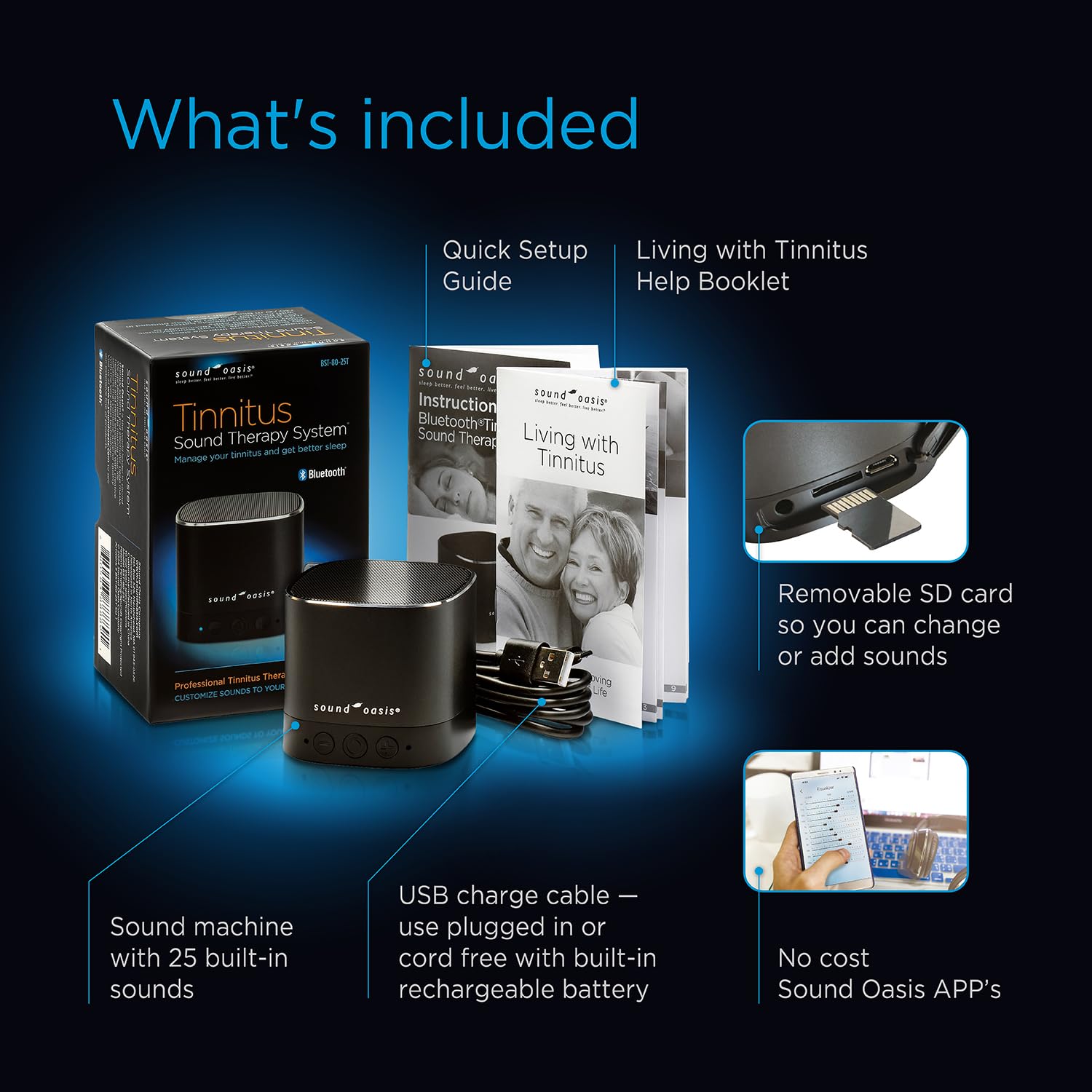 Sound Oasis® Bluetooth® Tinnitus Sound Therapy System® - Sleep Better, Manage and Mask Tinnitus, 25 Built-in Sounds for Tinnitus Relief, 12-Hour Sound Duration - Medaid International