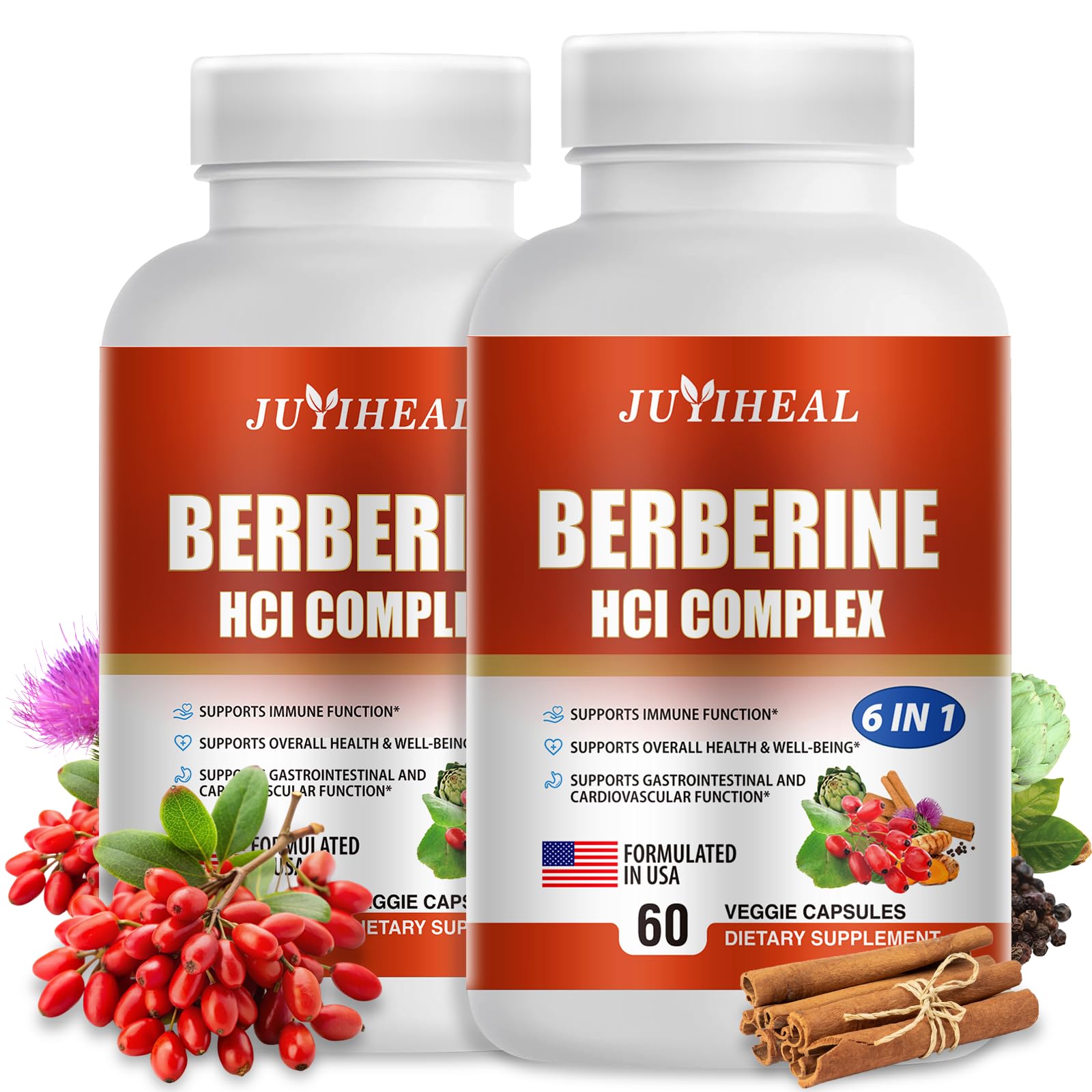 JUYIHEAL 2Pack Berberine with Ceylon Cinnamon, Turmeric, Milk Thistle, Artichoke, Black Pepper, Berberine Supplement for Support Immune System - 120 Capsules Berberine HCI - Medaid International