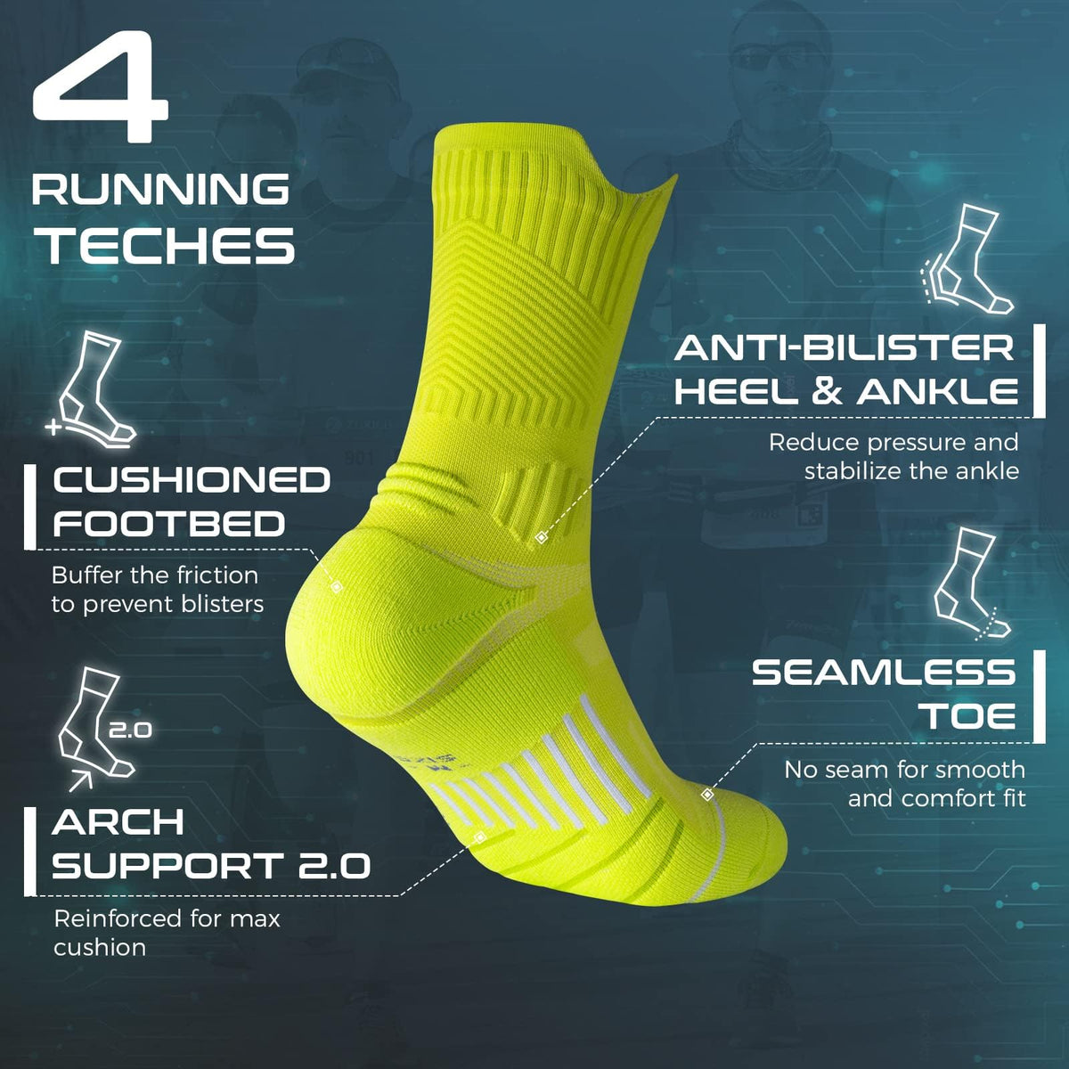 KASTWAVE 3 Pairs Coolmax Compression Running Socks, Super Thick Mens Hiking Socks, Cushion Crew Socks, Anti-Blister Moisture Wicking Athletic Hiking Socks (L, Yellow)