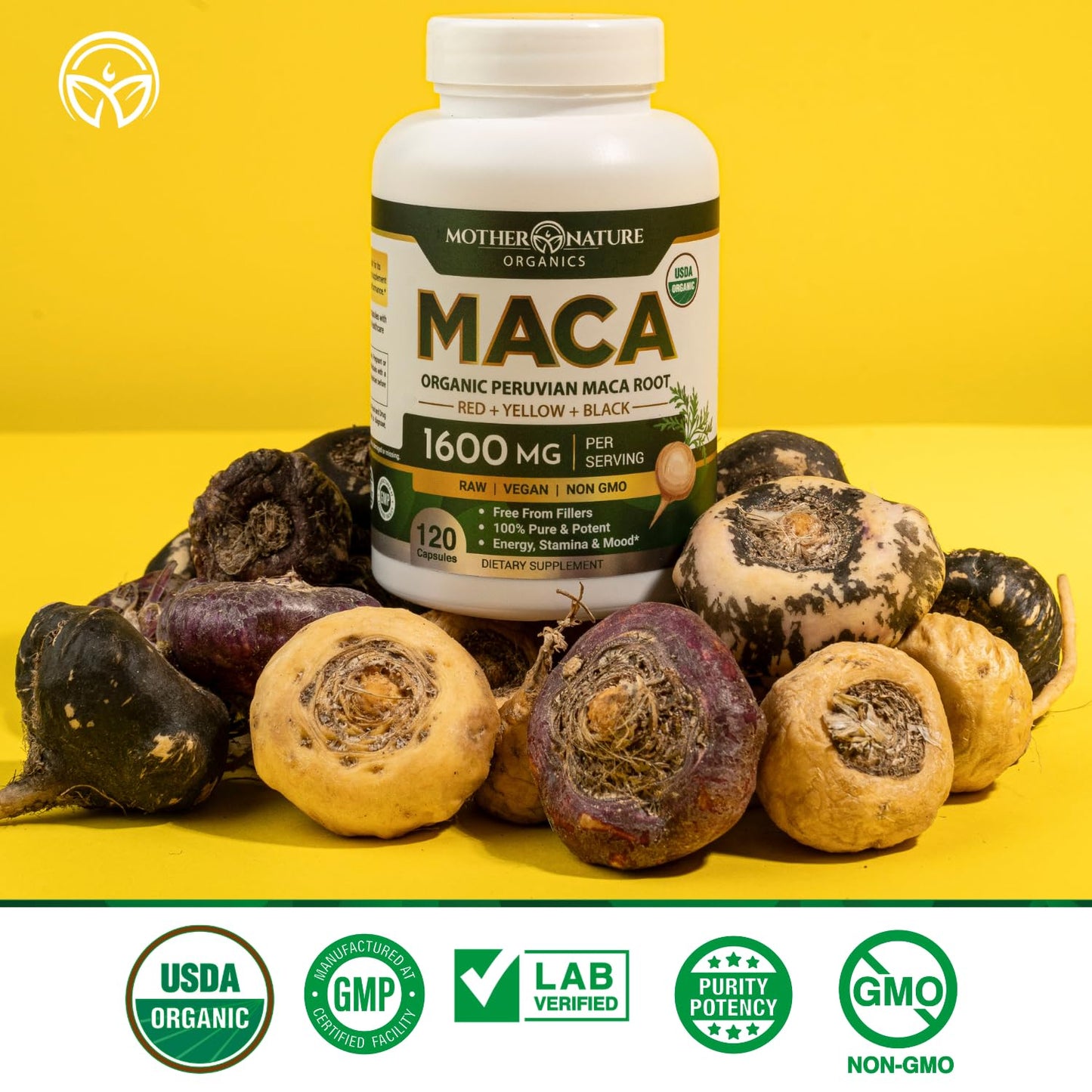 Mother Nature Organic Maca Root Capsules – 1600mg, 120 Vegan Capsules – Non GMO Peruvian Yellow, Red & Black Maca for Men & Women - Energy, Hormone, Brain & Weight Well-Being - Medaid International