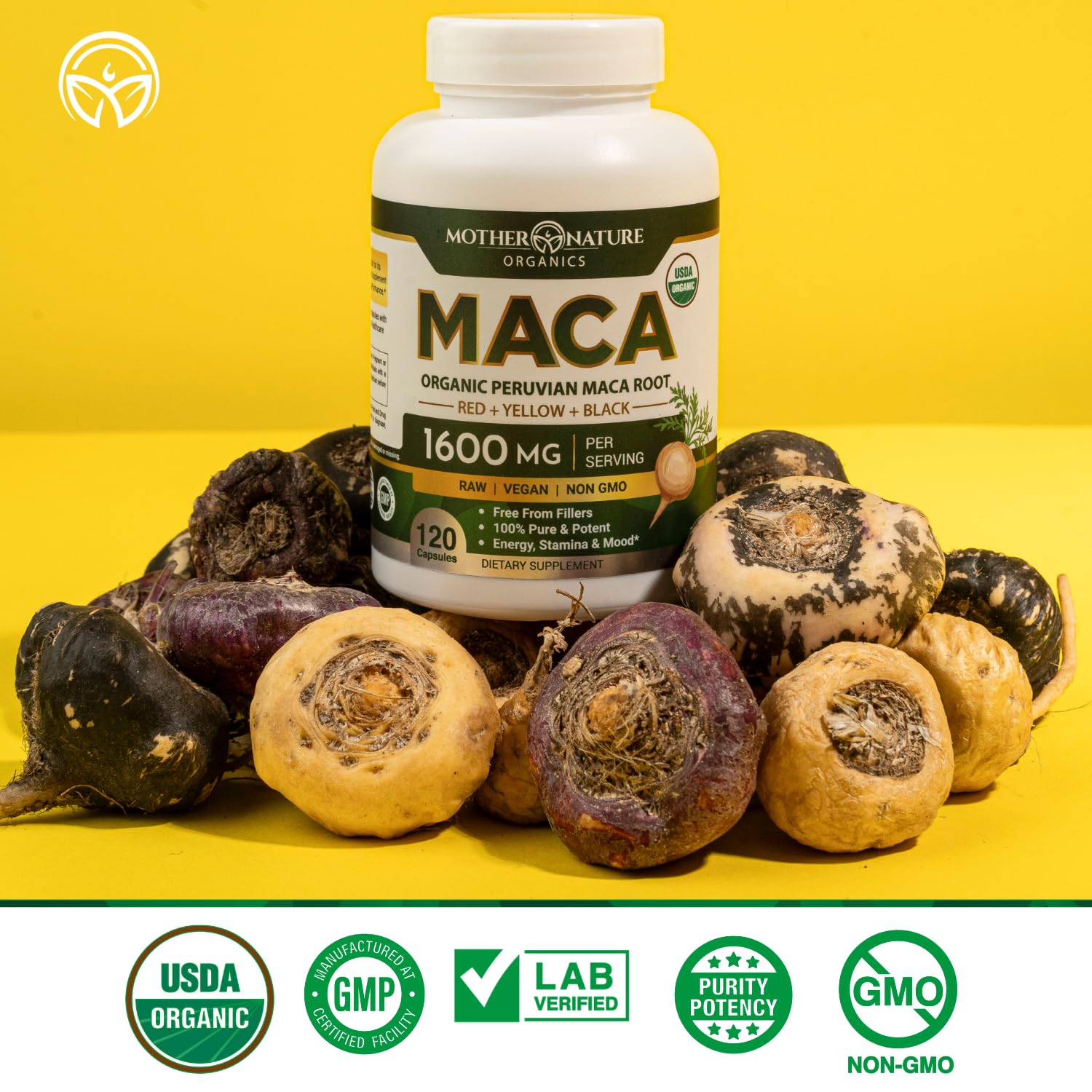 Mother Nature Organic Maca Root Capsules – 1600mg, 120 Vegan Capsules – Non GMO Peruvian Yellow, Red & Black Maca for Men & Women - Energy, Hormone, Brain & Weight Well-Being - Medaid International