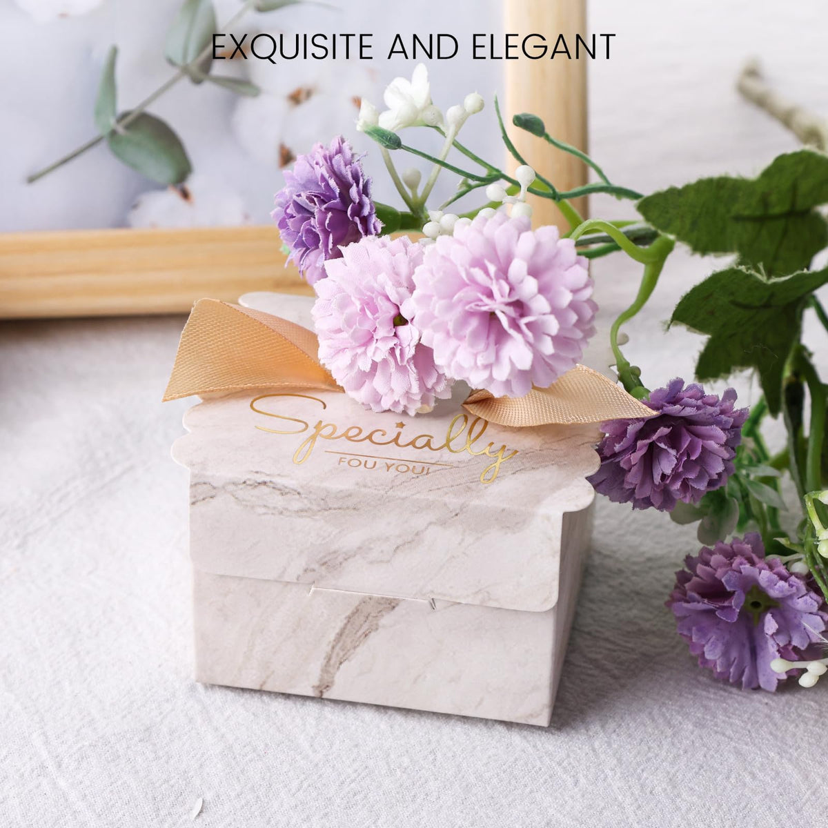 KASTWAVE 20 Pack Small Marble White Gift Candy Boxes, Party Favor Boxes with Ribbon for Wedding, Baby Shower, Birthday Party Decorations (2.6x2.6x1.8 inch)