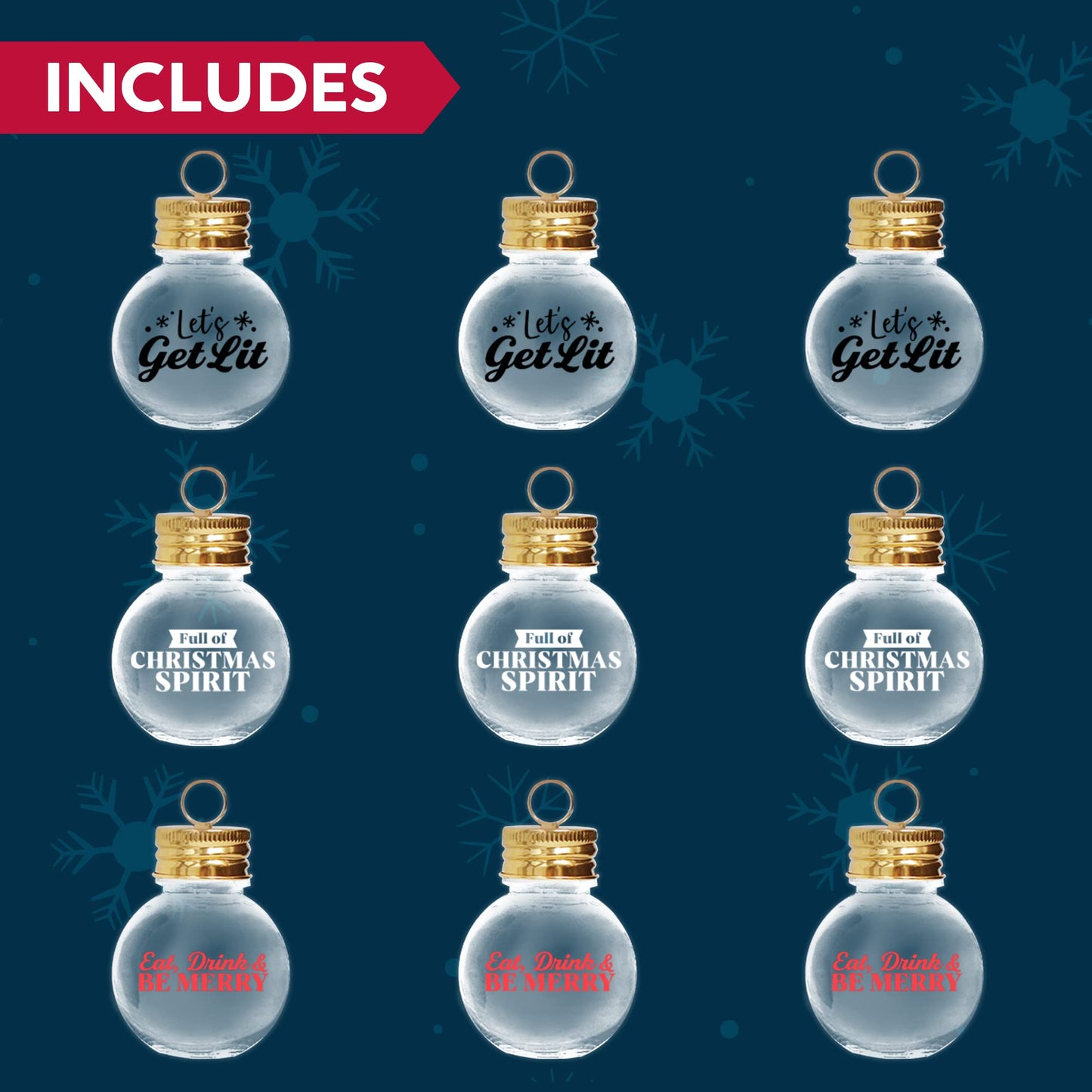 Joiedomi 9 Pcs Christmas Boozeball Ornaments Set, Xmas 1.7 oz Clear Fillable Ball, Tree Hanging Decorations for Christmas Holiday Indoor and Outdoor Decorations - Medaid International