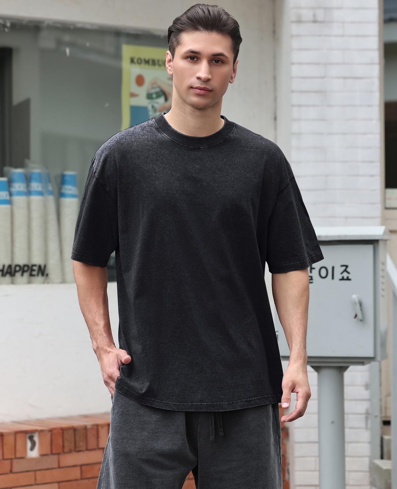 KEEPSHOWING Men's Cotton T-Shirts Oversized Unisex Short Sleeves Casual Loose Wash Solid Basic Tee Tops(A-Black M) - Medaid International