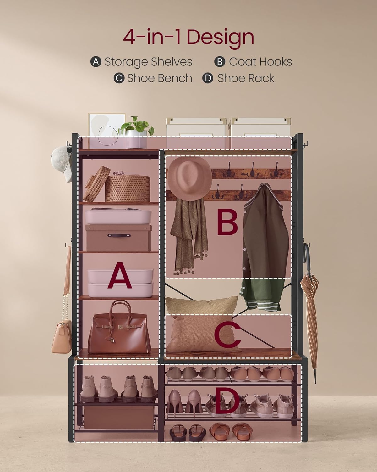 VASAGLE Hall Tree with Bench and Shoe Storage HSR426B01