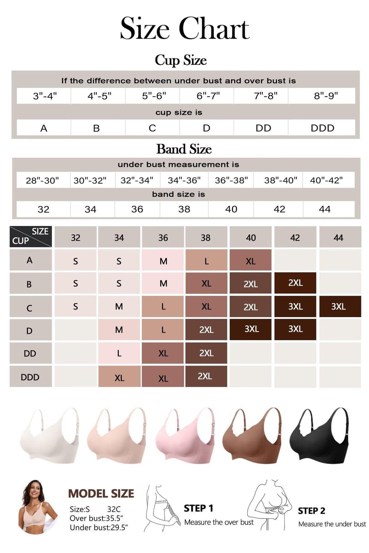 TERRIFI Women’s Wireless Jelly Bra, Size L, Seamless Full-Coverage Push-Up T-Shirt Bralette with W-Shaped Support Strip, Convertible Straps and Scalloped V-Neck, Recommended Weight 130–145 lb