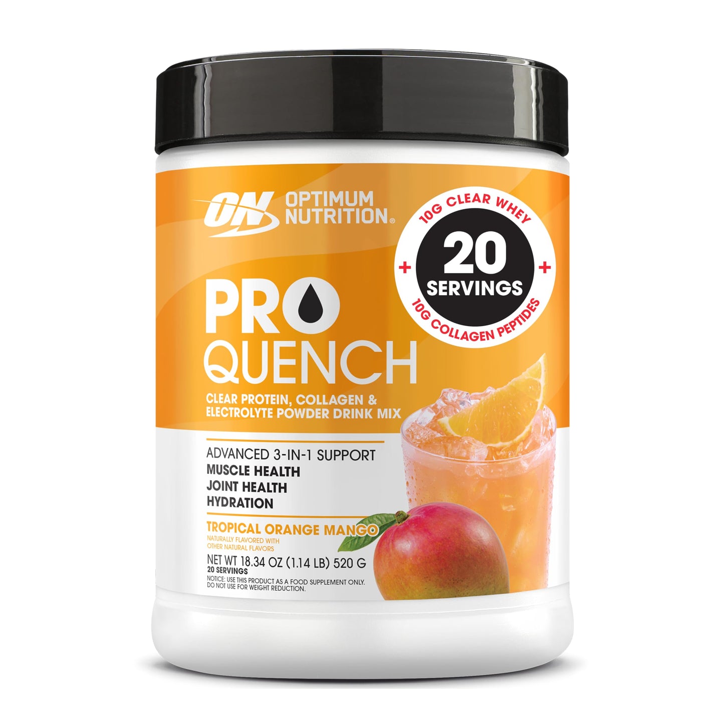 Optimum Nutrition Pro Quench, 10g Clear Protein, 10g Collagen peptides & Electrolyte Powder Drink Mix, Tropical Orange Mango, 20 Servings, 520 Grams (Packaging May Vary) - Medaid International