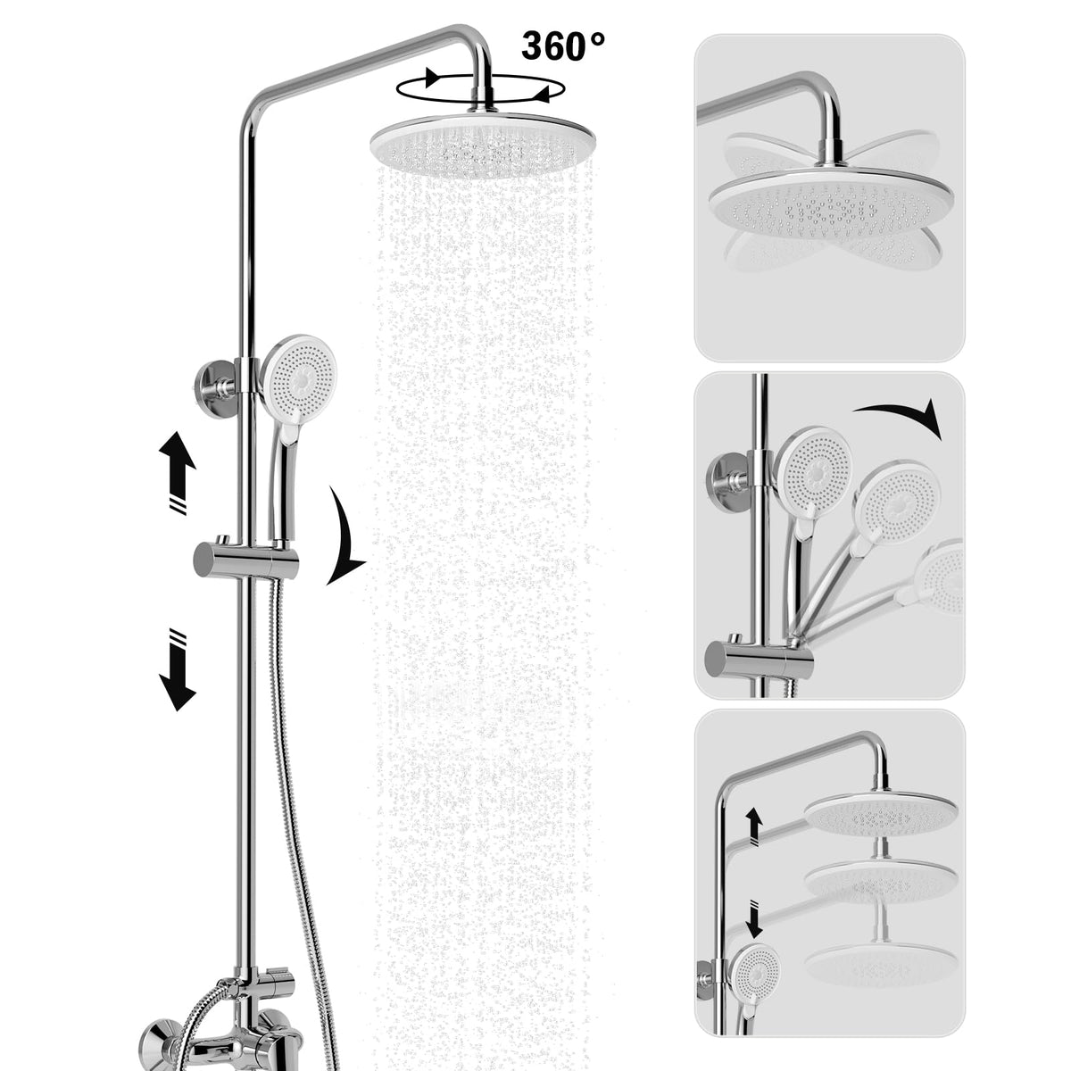 JOMOO Bathroom Shower Set, 9 "High Pressure Rainfall Shower, Handheld Showerhead and Shower Tap Combo, 3 Function Multifunctional Shower System with one button on/off, Chrome