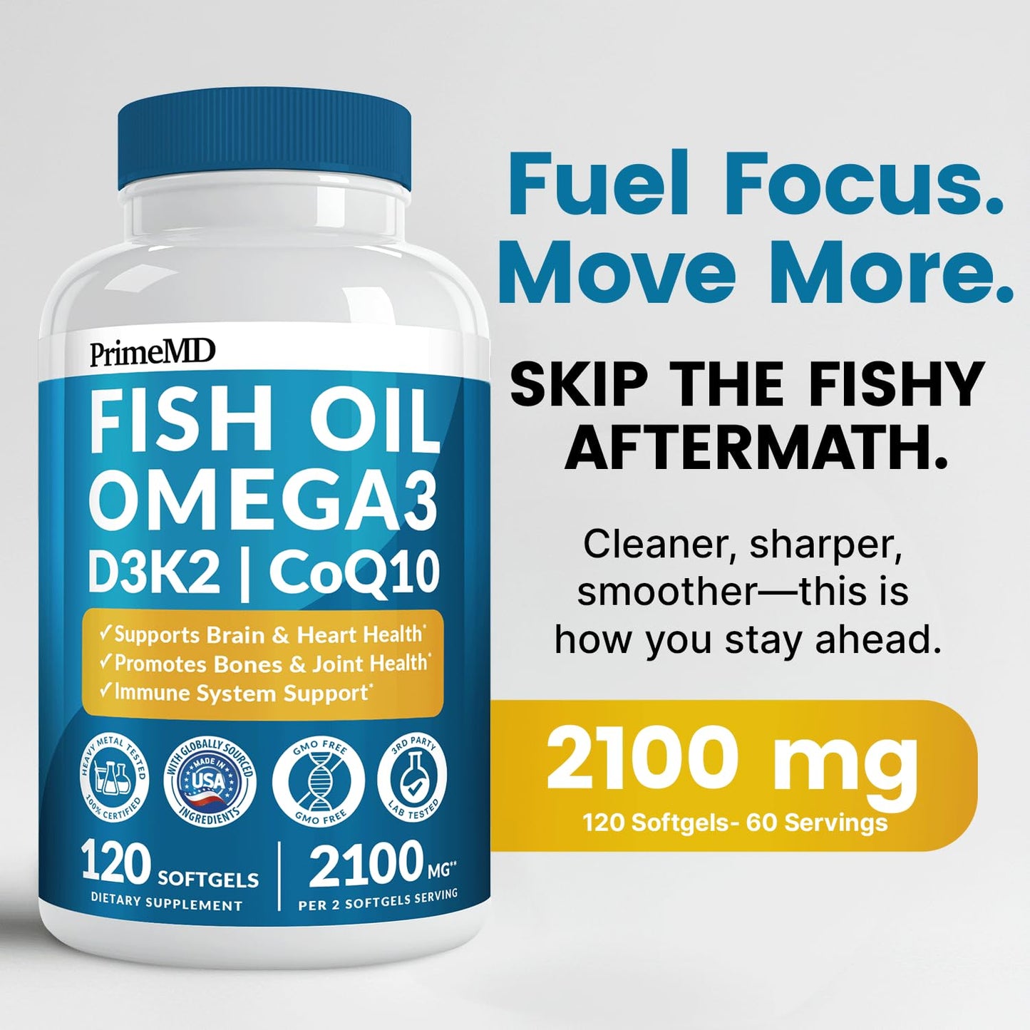 4-in-1 Fish Oil Omega 3 Fatty Supplements (2100mg) - Omega 3 Fish Oil with Vitamins D3 K2 and CoQ10 - Lemon Flavored (120 softgels) - Medaid International