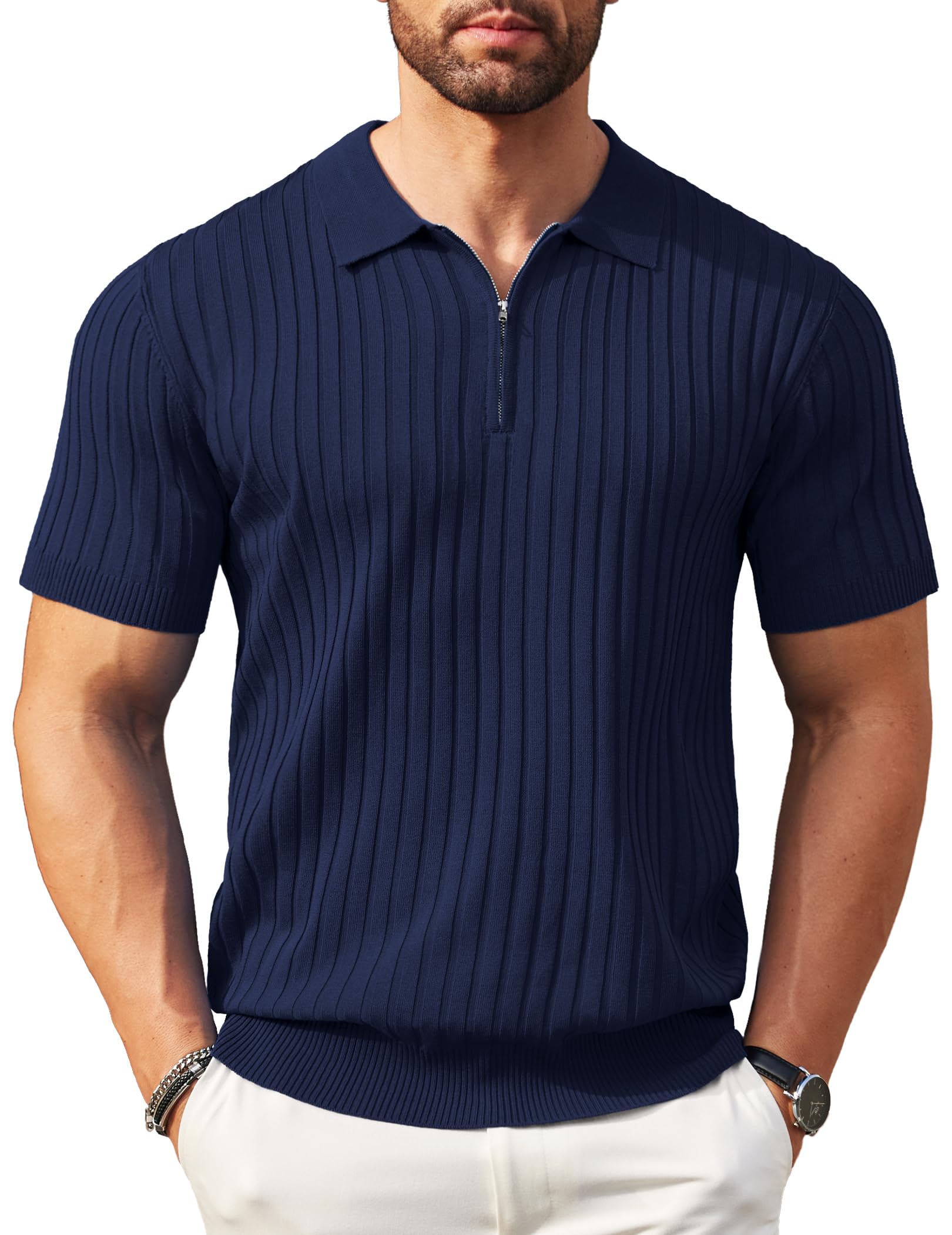 COOFANDY Men's Zipper Polo Shirts Short Sleeve Ribbed Knit Polo T Shirts Fashion Casual Golf Shirts Navy Blue - Medaid International
