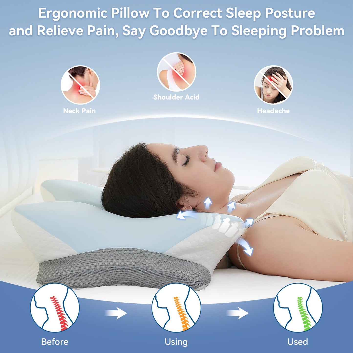 Zmarthumb Cervical Neck Pillow for Pain Relief- Memory Foam Orthopedic Pillow, Ergonomic Contour Pillows for Side/Back/Stomach Sleepers, Adjustable Height with Breathable Pillowcase(Grey) - Medaid International