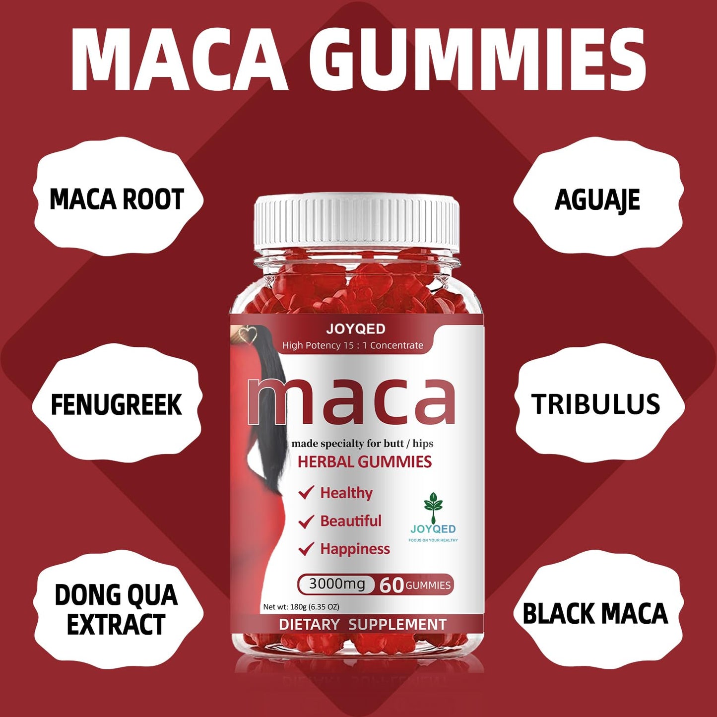 1 Bottle Maca Root Gummies 3000mg for Women with Black Maca, Fenugreek, Magnesium for Natural Energy, Mood & Immune Support Hormone Balance Herbal Supplements-Berry Flavor, 60 Gummies, 30-Day Serving - Medaid International