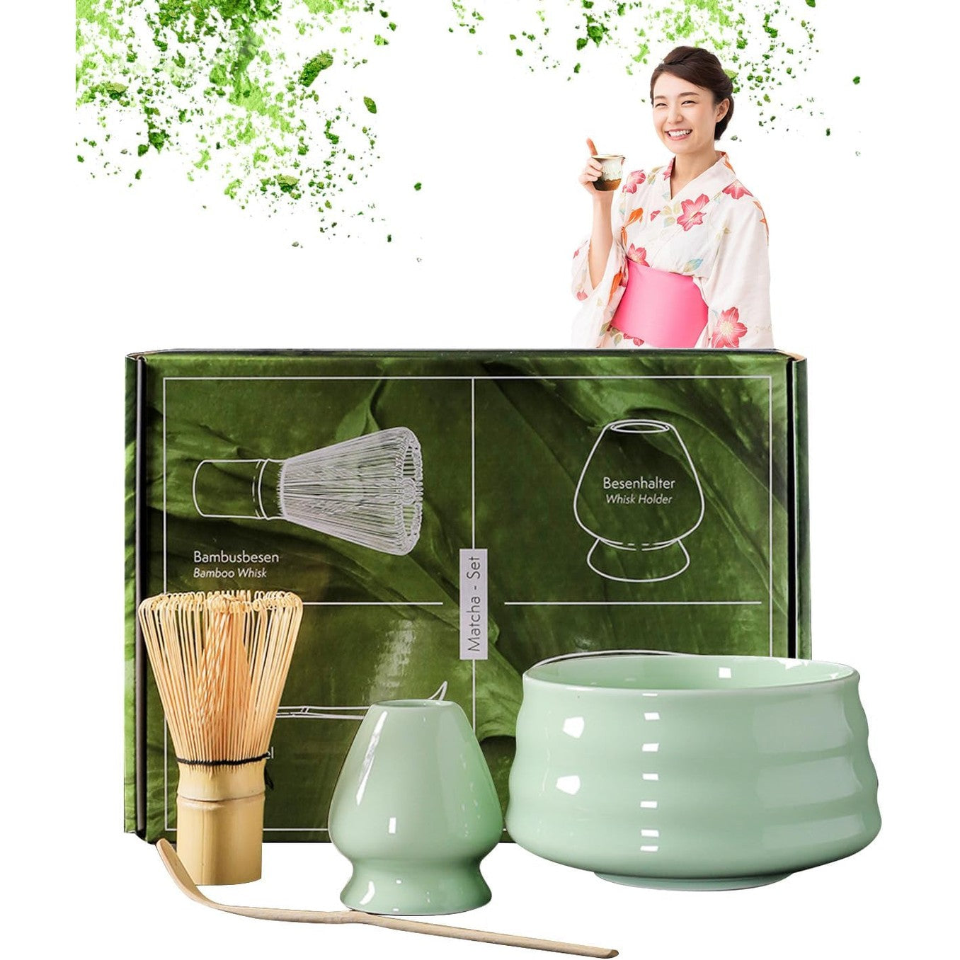 Matcha Tea Whisk Set,Japanese Tea Set,Matcha Tool Set,Matcha Ceremony Accessories With Matcha Bowl, Matcha Bamboo Whisk, Scoop,Scoop stand,Tea Cloth,Whisk Holder,Stainless Steel Tea Sifter(7 Pcs Set) - Medaid International