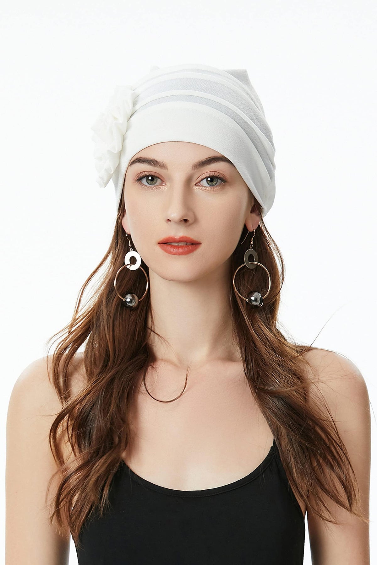 TERRIFI Women's Turban Beanie Hat with Flower - Elastic Chemo Headwear, Floral Head Wrap Cap, White