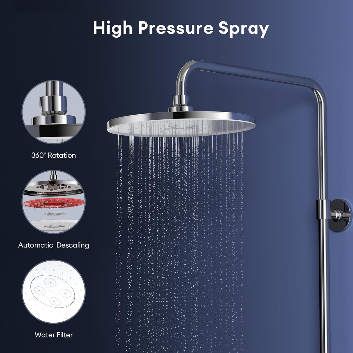 JOMOO Rain Shower Head, 9 inch High Pressure Rainfall Showerhead, Ultra-Thin Design Automatic Descaling Rainfall Fixed Shower Head with Silicone Nozzle (228mm, Chrome)