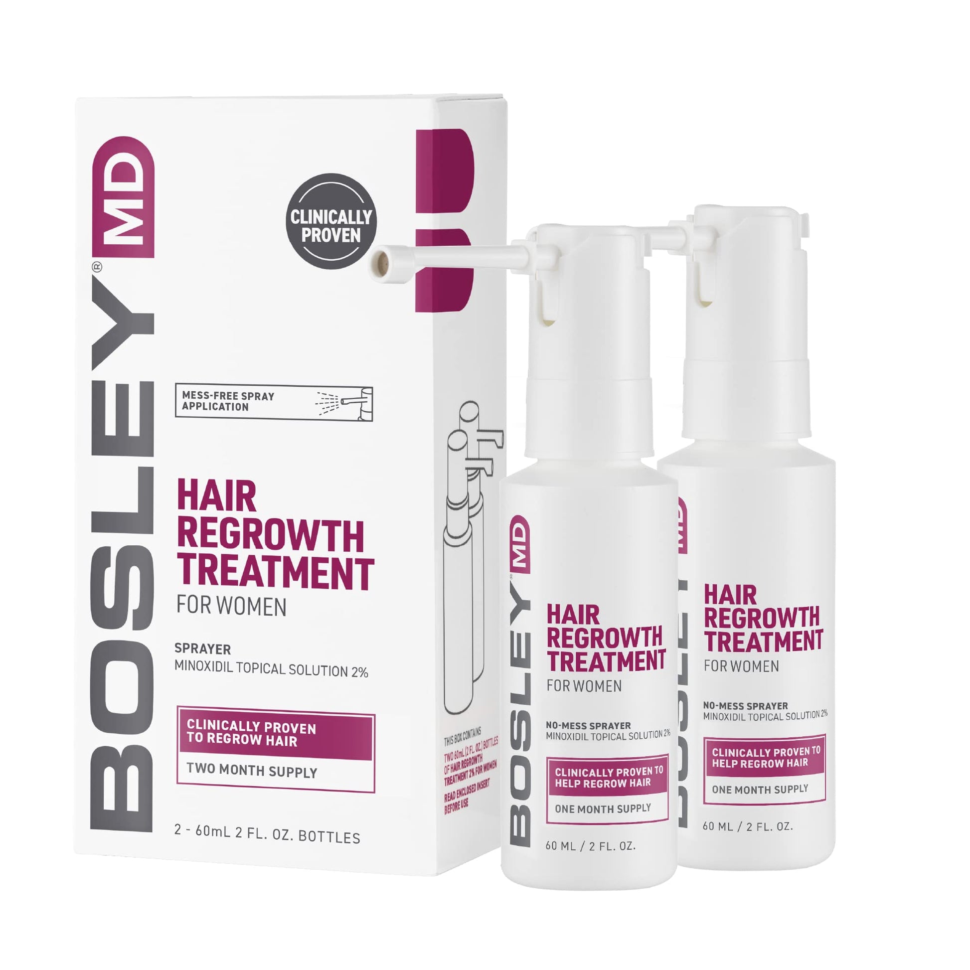 BosleyMD Minoxidil Woman Spray, Thinning Treatment/Hairspray for Hair Loss and Hair Regrowth, Topical Solution, No Mess Sprayer, 2-month Supply - Medaid International