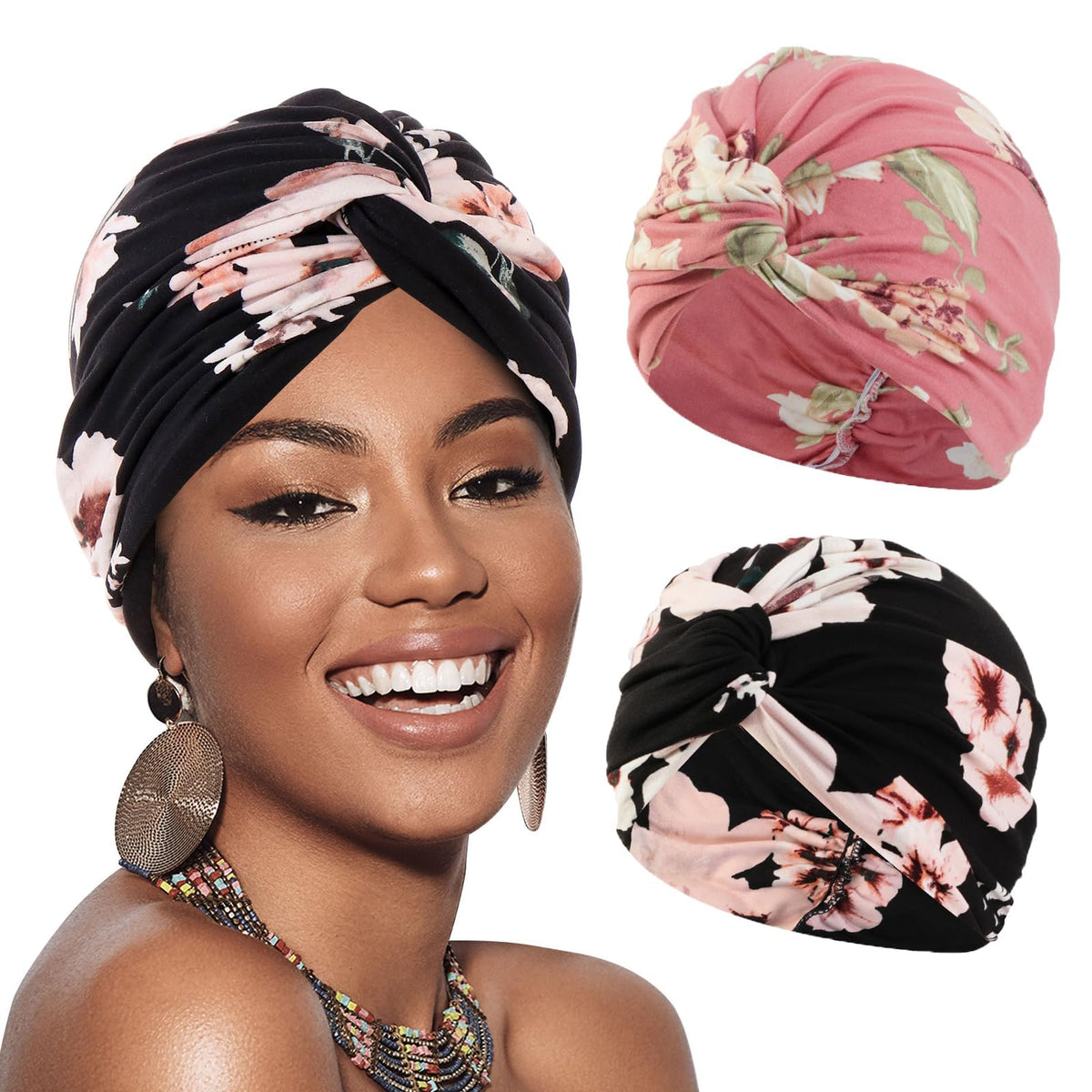 KASTWAVE 2-Pack Soft Elastic Turbans for Women, Adjustable Printed Pre-Tied Head Wraps, Comfortable Chemo Headwear for Hair Loss