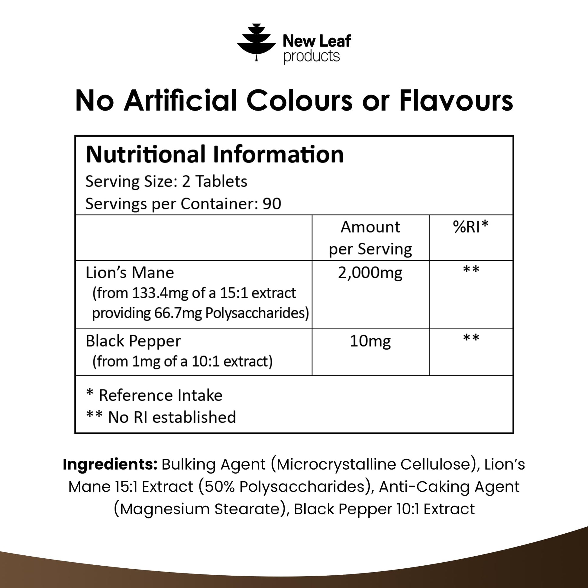 New Leaf Products Lions Mane Mushroom Extract Supplement 2000mg - 180 High Strength Vegan Tablets with Black Pepper - (Not Powder or Capsules) Made in The UK - Medaid International