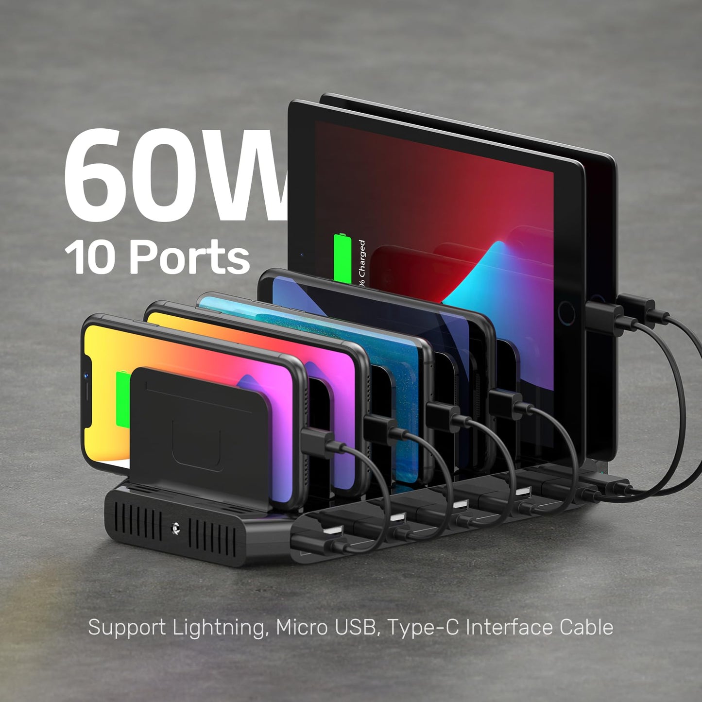 Unitek USB Charging Station, 10 USB Fast Ports Charge Docking Station and Adjustable Dividers, Multi Device Charger Organizer Compatible with iPad, iPhone, Tablet and Cell Phone - Medaid International