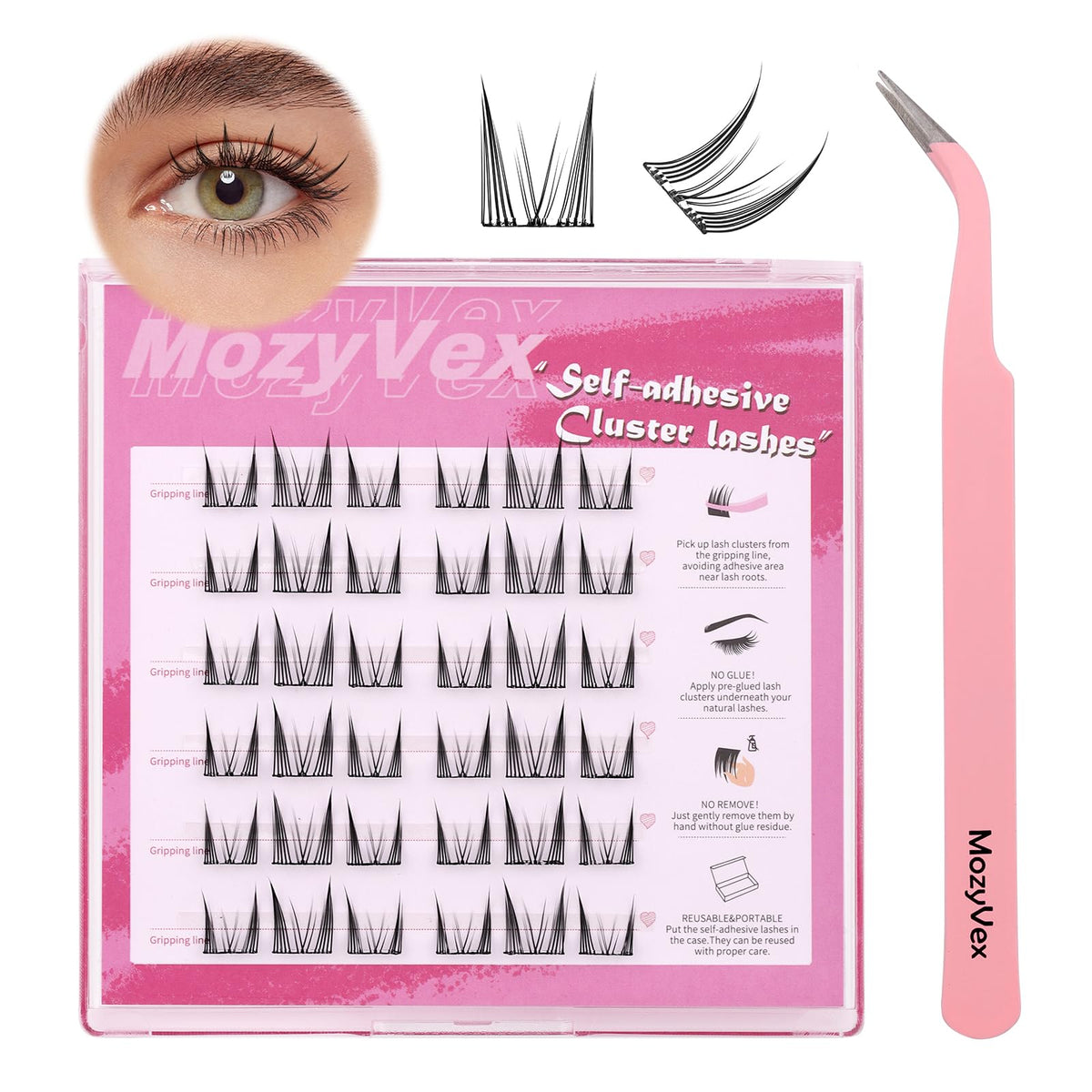 36pcs Self Adhesive Lash Clusters Reusable DIY Eyelash Extensions - D Curl 10-16mm Pre-Glued Lash Clusters No Glue Needed, Includes Tweezers for 1-STEP Easy Application