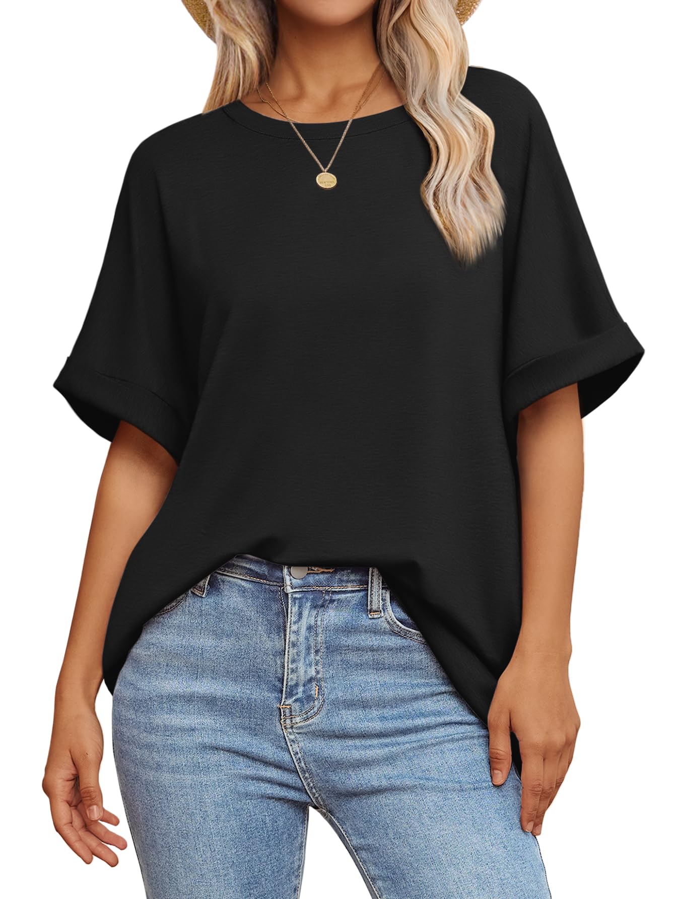 ATHMILE Womens Oversized Black T Shirts Loose Fit Crewneck Short Sleeve Summer Casual Blouse 2025 Y2K ShirtsTops - Medaid International