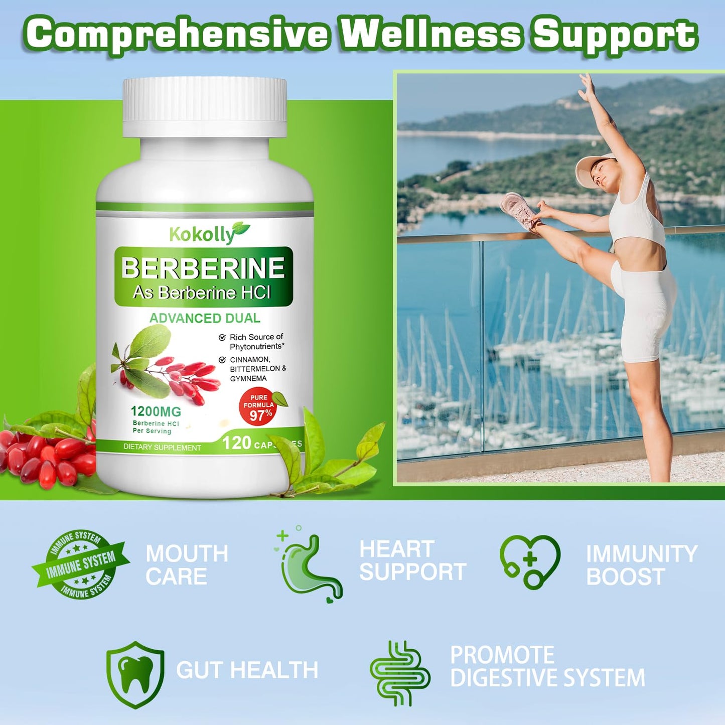 KOKOLLY Berberine Supplement 1200mg -Natural Plant- Based with Berberine HCL,Cinnamon, Bittermelon, Gymnema(120 Capsules) - Medaid International