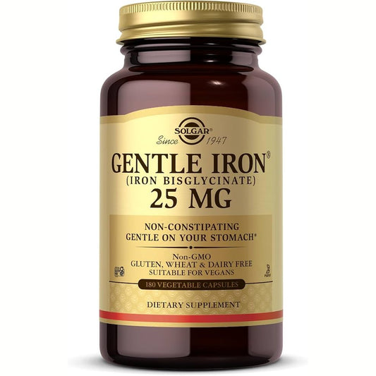 Solgar Gentle Iron (Iron Bisglycinate) 25 mg - 180 Vegetable Capsules - Non-Constipating, Gentle on Your Stomach - Gluten Free