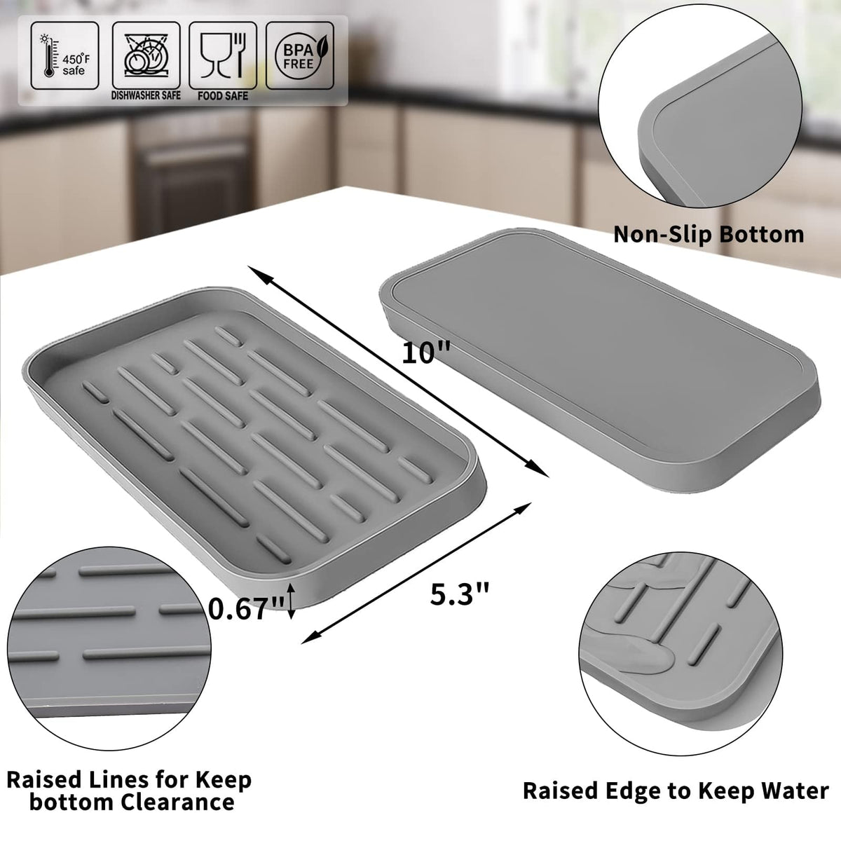 Terrifi Silicone Kitchen Sink Organizer Tray, Eco-Friendly Sponges Holder For Bathroom Counter Or Sink, Kitchen, Bathroom, Makeup, Trinkets, Cup (Grey, 10"×5.3")