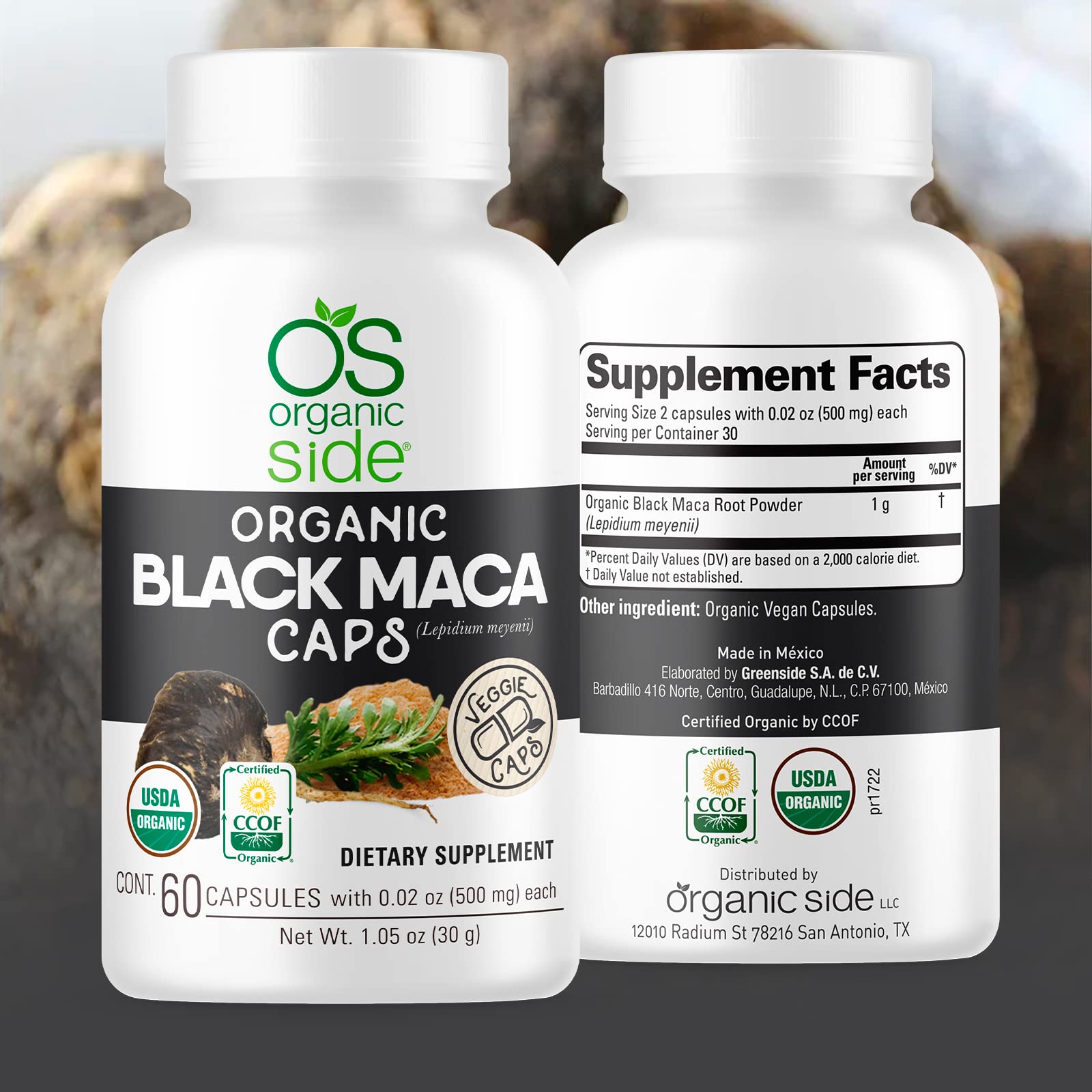 OS Organic Side | Organic Black Maca 60 Capsules | Natural Supplement with Black Maca Root Powder | Plant-Based Capsules for Energy, Vitality, and Hormonal Balance - Medaid International
