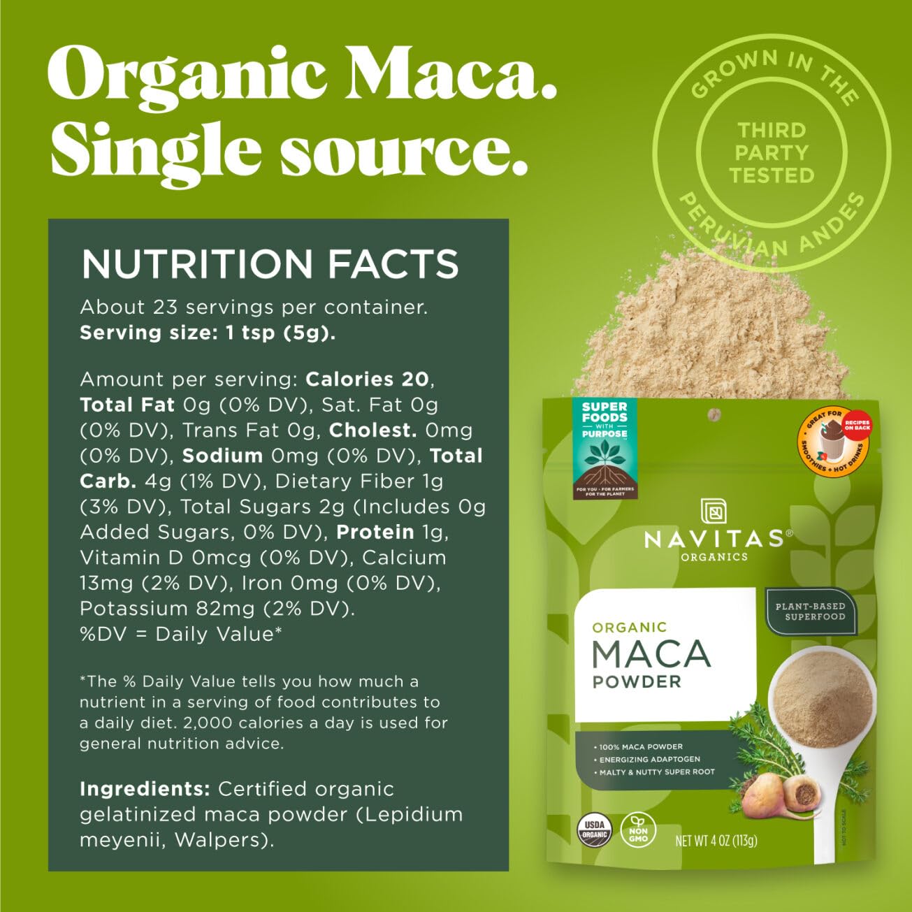 Navitas Organics Maca Powder – 100% Gelatinized Peruvian Maca for Adaptogen Smoothies, Lattes, Baking & More – Energize & Balance - USDA Organic, Non GMO, Vegan, Gluten Free (4oz. Bag, 23 Servings) - Medaid International