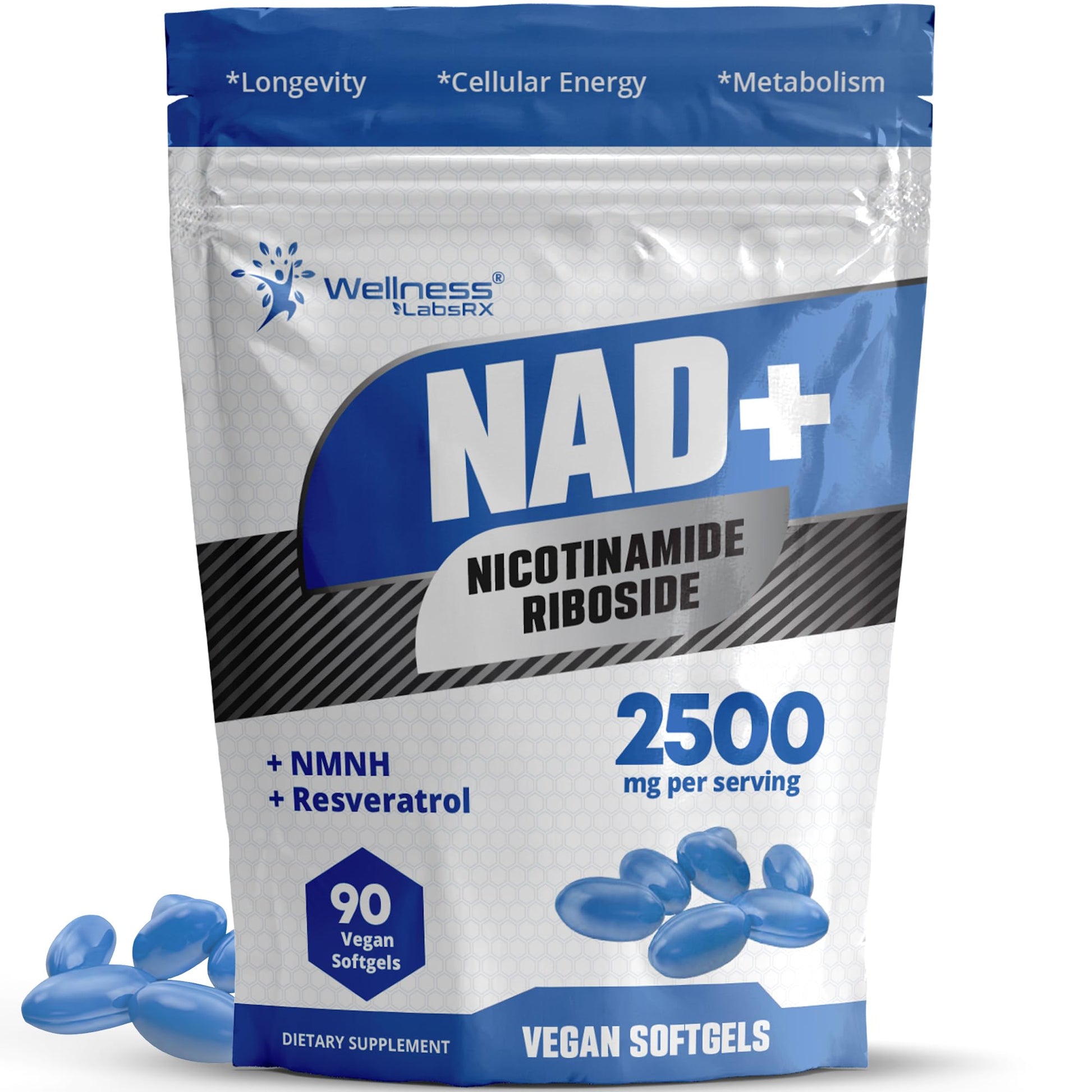 WELLNESS LABSRX Liposomal NAD+ Supplement - Third-Party Tested NAD Softgels Nicotinamide Riboside Resveratrol - 2500mg Liposomal NAD Supplements for Women - Longevity Support - Made in USA - Medaid International