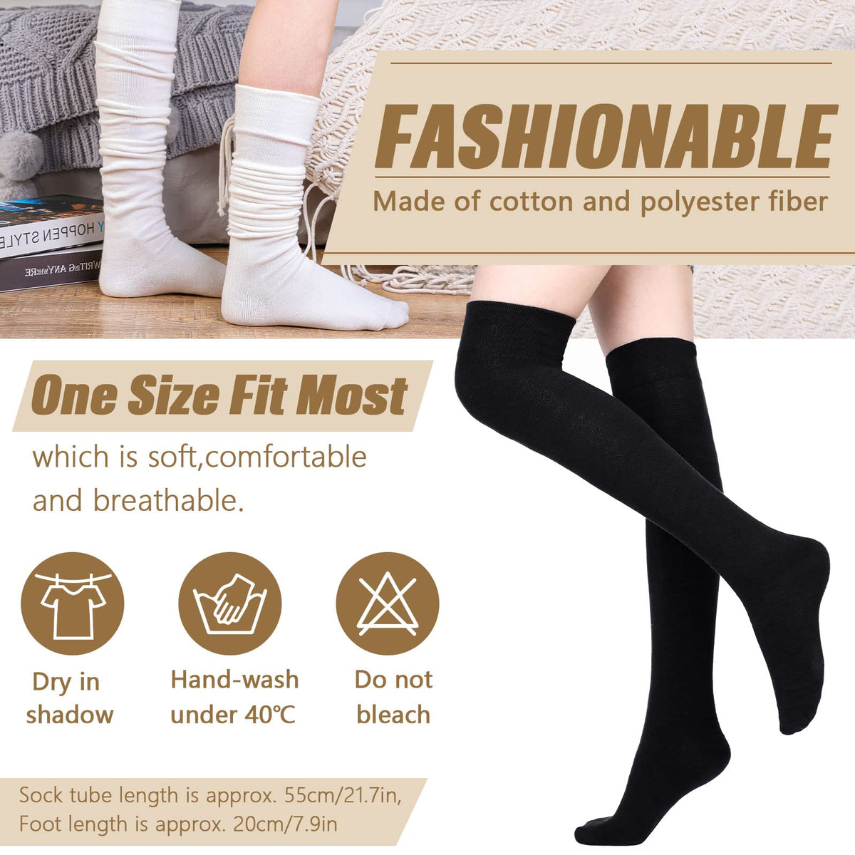 KASTWAVE Extra Long Socks, Thigh High Cotton Socks, 3 pair Extra Long Boot Stockings for Women