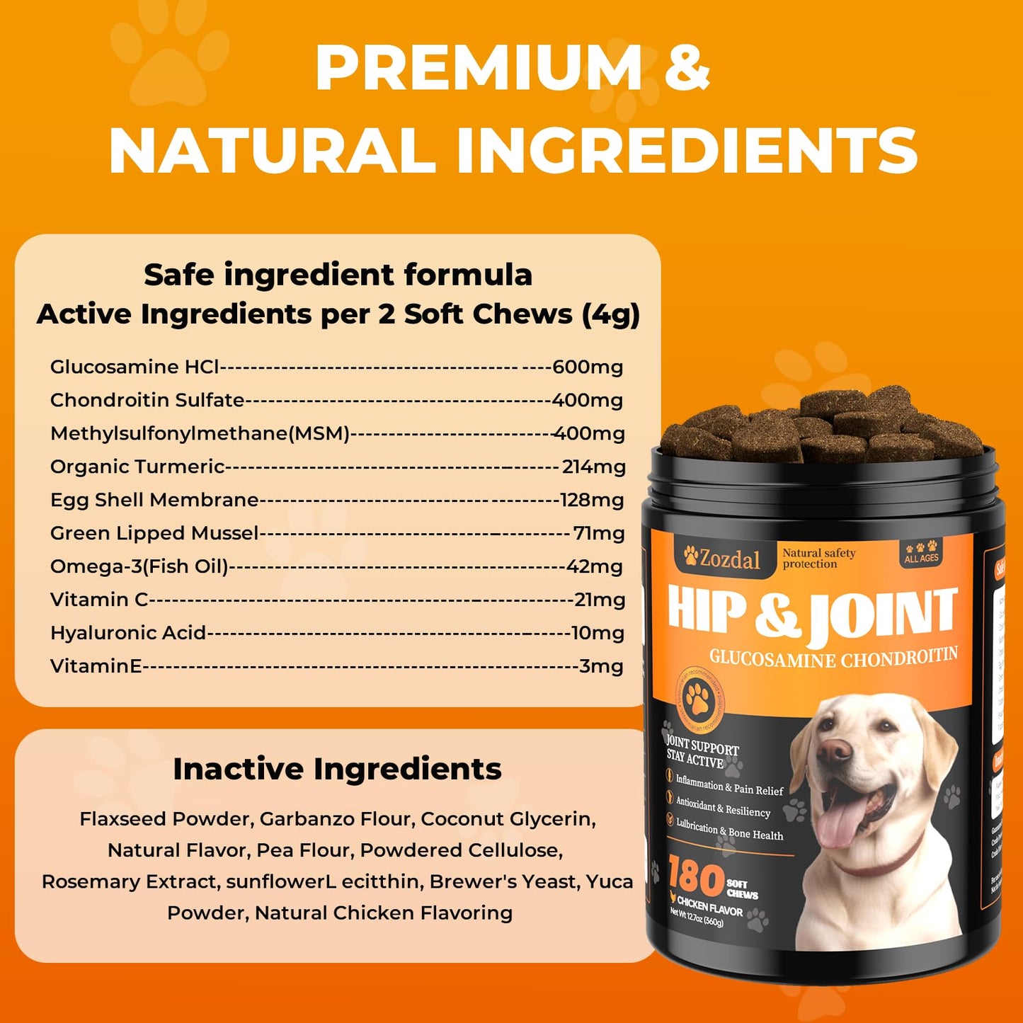 Zozdal Joint Supplement for Dogs, 180 Chicken Flavor Chews, Glucosamine Chondroitin with MSM, Turmeric & Green Lipped Mussel, for Large Breed & Senior Dogs, Hip & Joint Pain Relief and Health Support