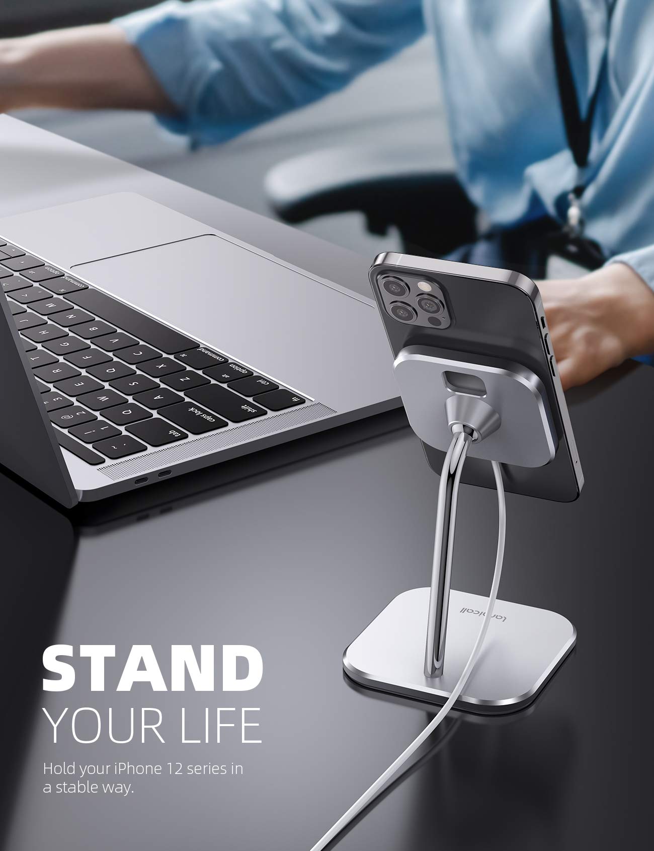 Lamicall Phone Stand for Apple 15W MagSafe Charger - [Charger Not Included] 360 Rotation Adjustable Aluminum Charging Holder Dock for Desk, Compatible with iPhone 17 16 15 14 Air, Pro, Pro Max, Plus - Medaid International