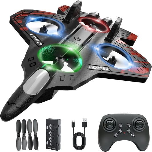 RC Plane 360° Flips, 2.4GHz Remote Controlled Aeroplane Quadcopter Fighter Aircraft with LED Lights, 80m Range, Ideal for Beginners, Children, and Adults, USB Charging, Durable Foam Flight