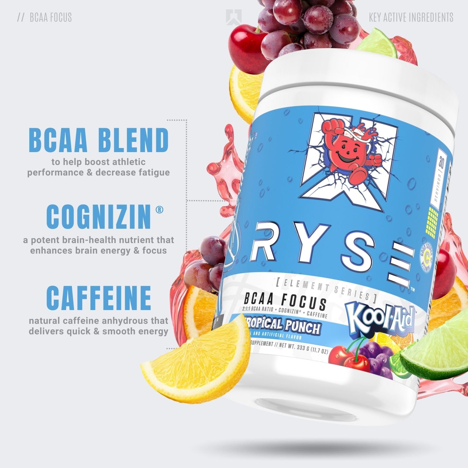 RYSE BCAA Focus Powder - Kool-Aid Tropical Punch - BCAA Supplement with Electrolytes, Natural Caffeine & Cognizin Supports for Hydration, Recovery, Energy, and Focus for Men & Women - 30 Servings - Medaid International