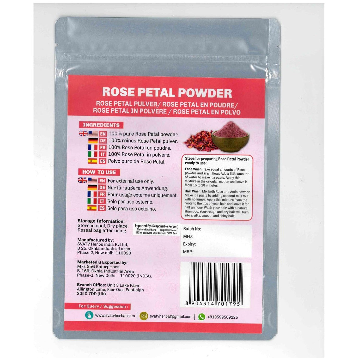 SVATV Rose Petal Powder. Hair & Facial mask scrub, Face or Hair and Skin Face Mask - 227g | 8 oz | Half Pound - Medaid International