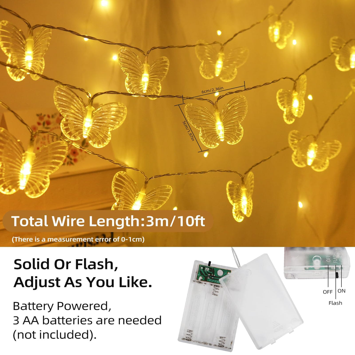 TERRIFI LED String Lights, 3M 20LED Battery Operated String Romantic Flower Rose Fairy Light, Indoor Outdoor Decorations Large Rose Flower Diameter (1, Butterfly Fairy String Lights)